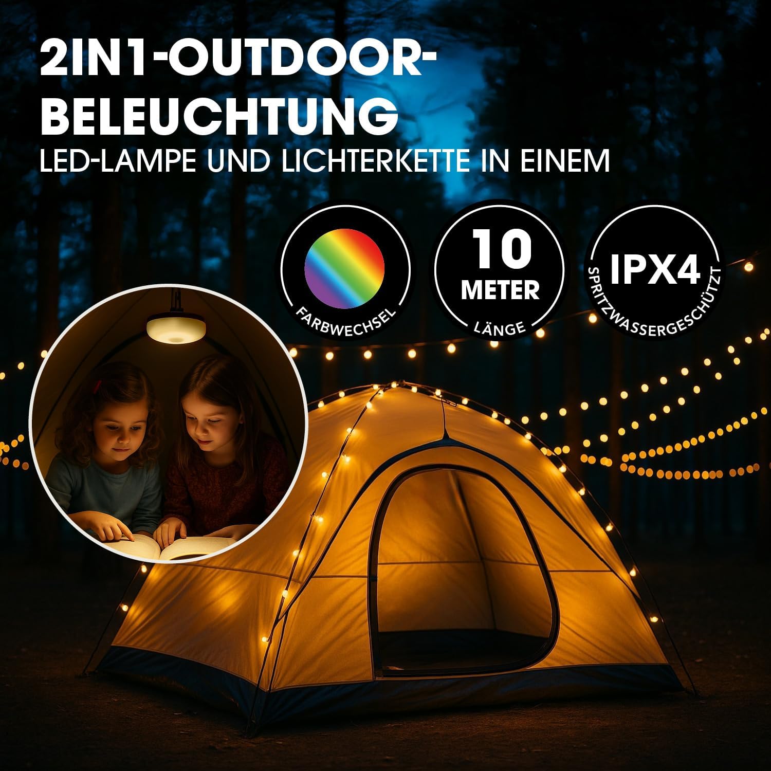 EASYmaxx 2in1 Outdoor Lichterkette aufrollbar für Garten und Camping | Lichterkette mit Aufroller & 5 Modi | Terrasse Lichterkette aufrollbar, kabellos und wiederaufladbar | Lichterkette mit 100 LEDs — Ansicht 2