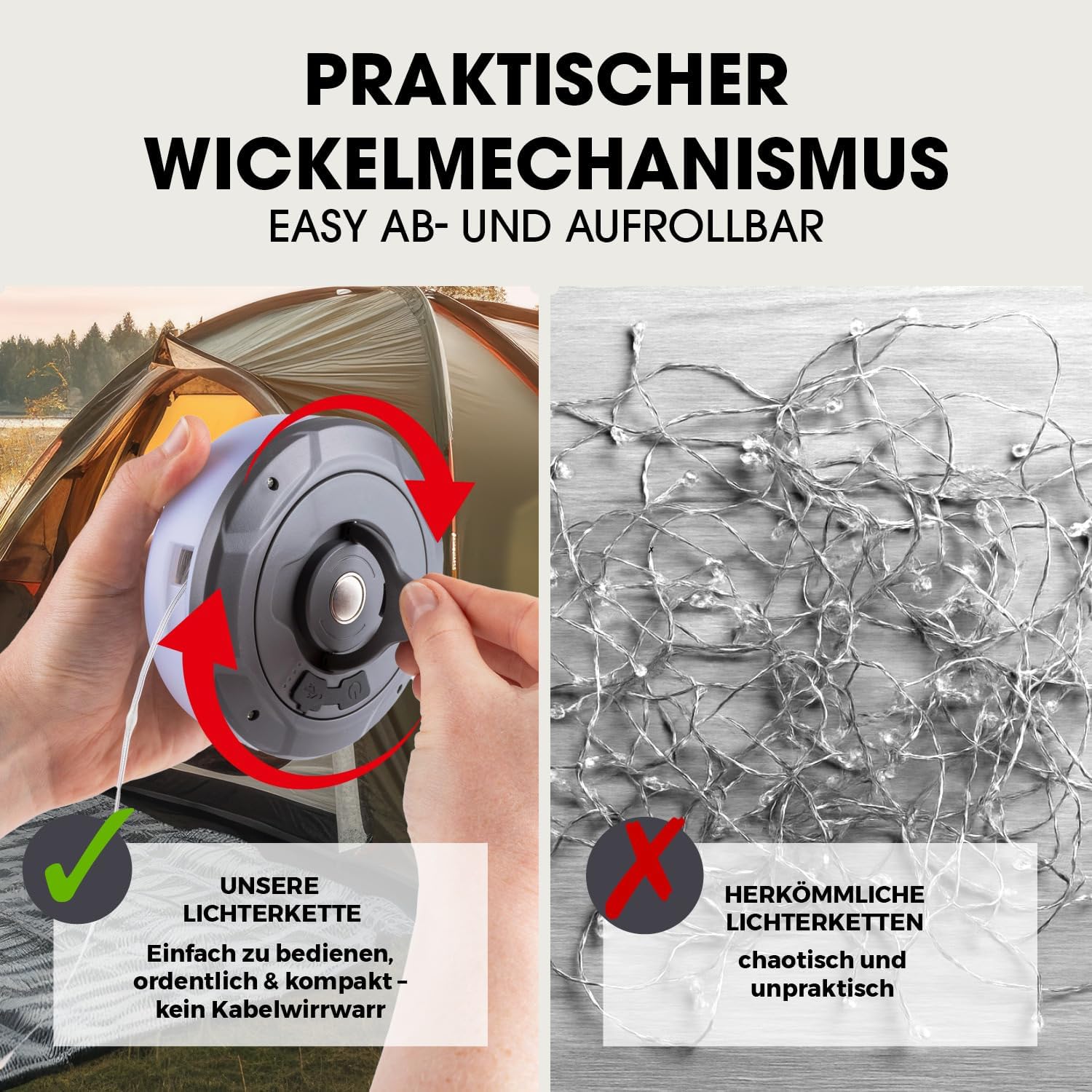 EASYmaxx 2in1 Outdoor Lichterkette aufrollbar für Garten und Camping | Lichterkette mit Aufroller & 5 Modi | Terrasse Lichterkette aufrollbar, kabellos und wiederaufladbar | Lichterkette mit 100 LEDs — Ansicht 4