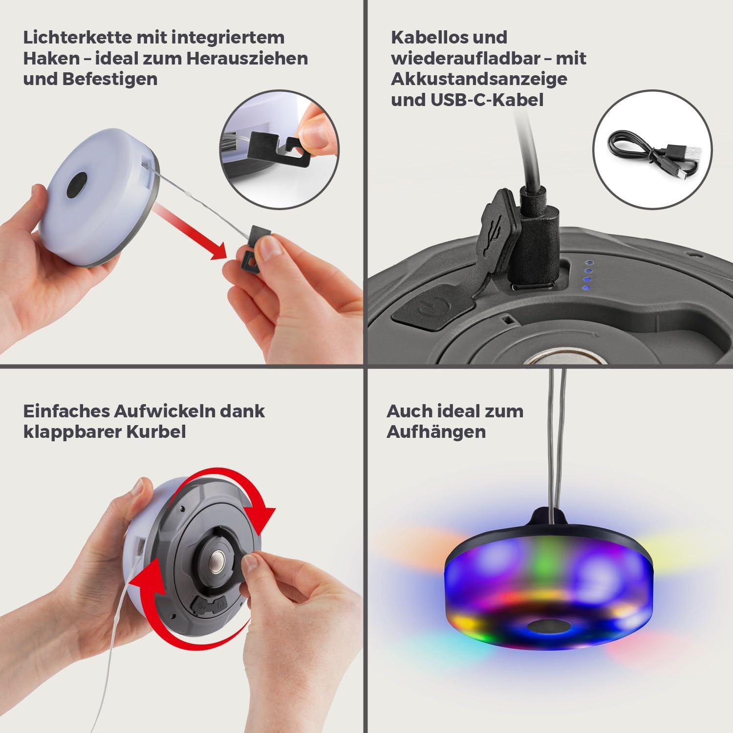 EASYmaxx 2in1 Outdoor Lichterkette aufrollbar für Garten und Camping | Lichterkette mit Aufroller & 5 Modi | Terrasse Lichterkette aufrollbar, kabellos und wiederaufladbar | Lichterkette mit 100 LEDs — Ansicht 5