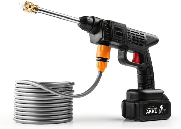 EASYmaxx Akku-Hochdruckreiniger | Kabelloses & tragbares Power-Reinigungsgerät mit Verlängerung & Druckschlauch | Mobiler Druckreiniger inkl. 3 Düsen | Akku-Betrieben für Garten, Auto & Terrasse