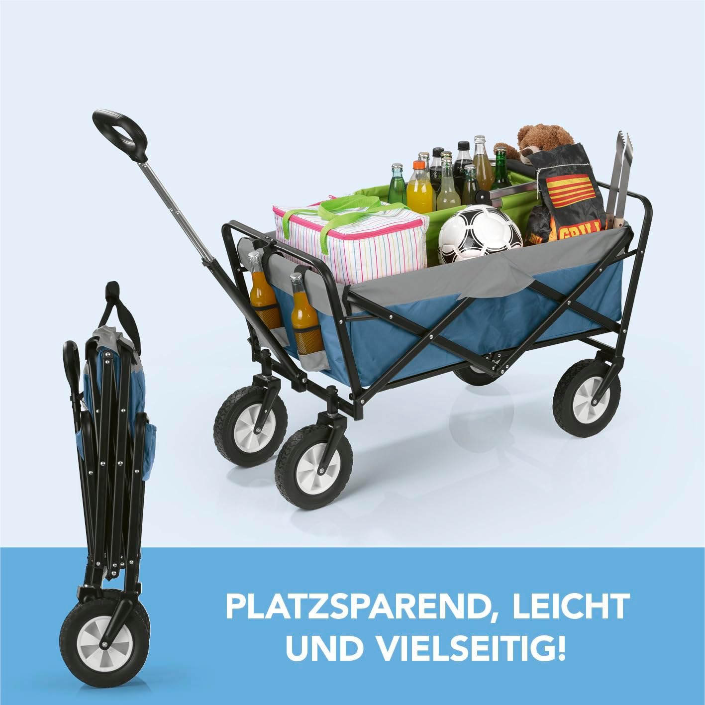 EASYmaxx Bollerwagen faltbar | Klappbarer Handwagen | Transportkarre bis 80 kg belastbar | Kompaktes Design | Ausziehbarer Griff | 360° Vorderräder | Für Ausflüge, Garten, Festivals [Blau/Grau] — Ansicht 2