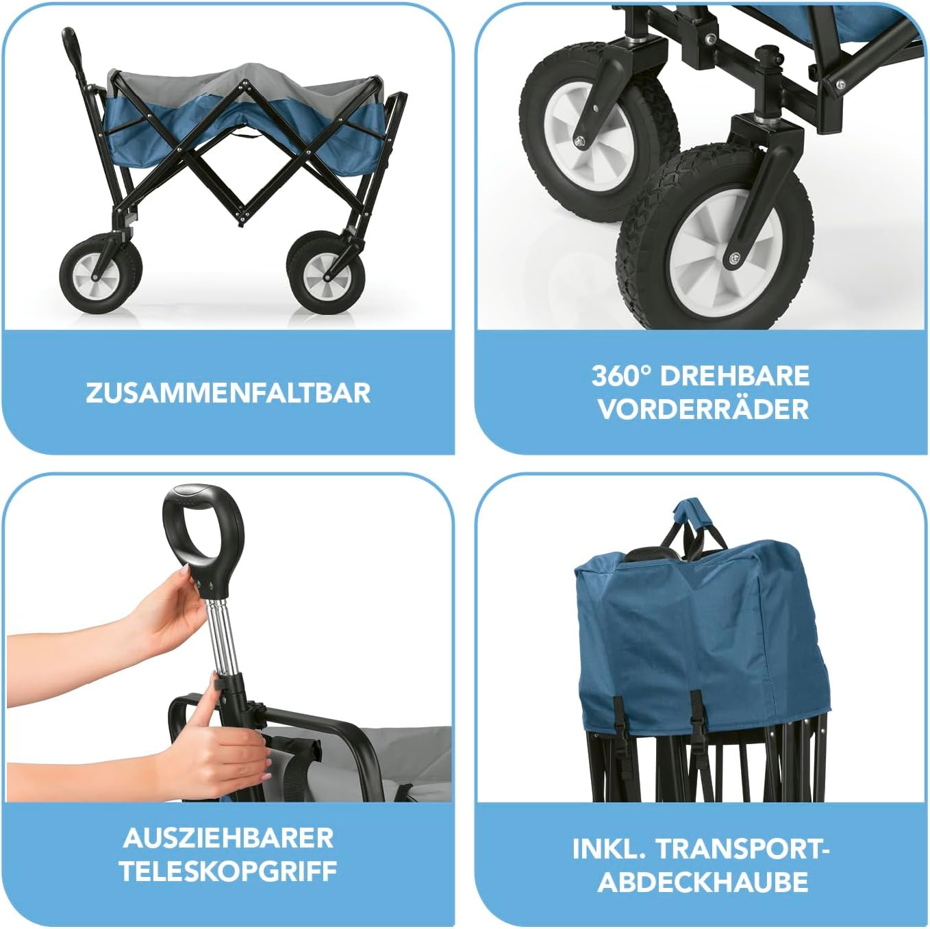 EASYmaxx Bollerwagen faltbar | Klappbarer Handwagen | Transportkarre bis 80 kg belastbar | Kompaktes Design | Ausziehbarer Griff | 360° Vorderräder | Für Ausflüge, Garten, Festivals [Blau/Grau] — Ansicht 3