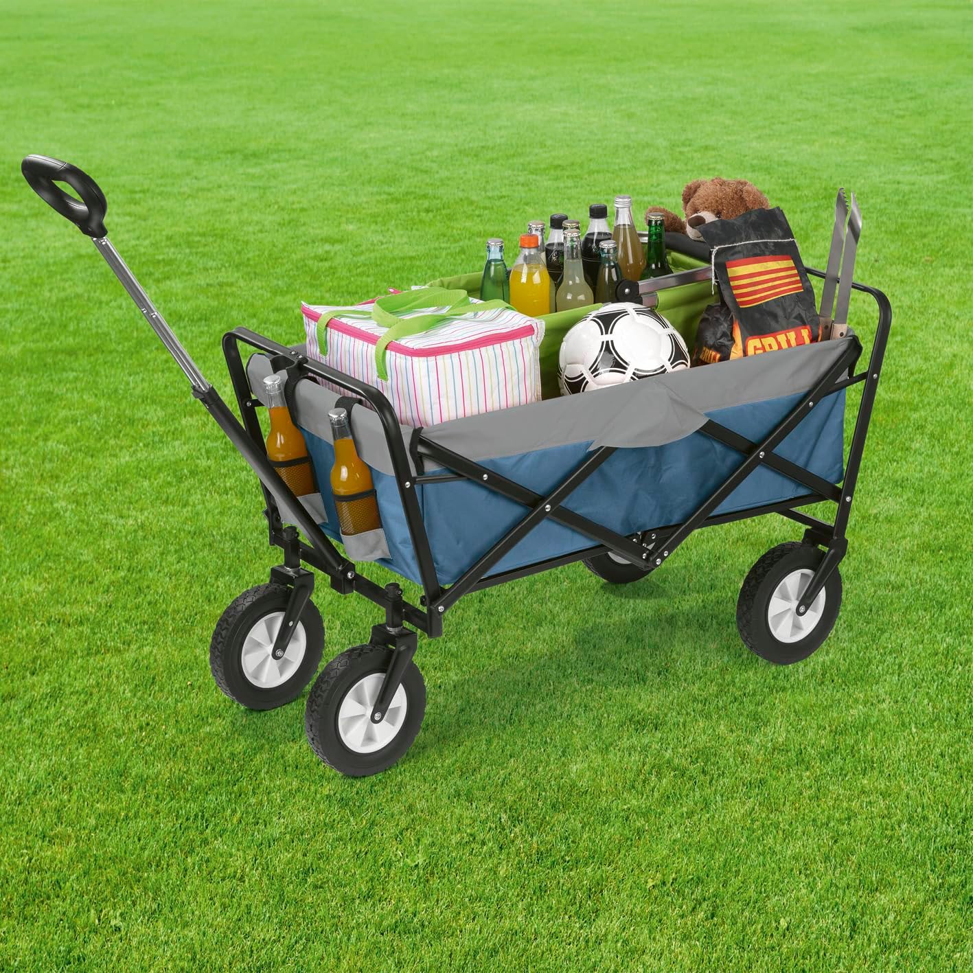 EASYmaxx Bollerwagen faltbar | Klappbarer Handwagen | Transportkarre bis 80 kg belastbar | Kompaktes Design | Ausziehbarer Griff | 360° Vorderräder | Für Ausflüge, Garten, Festivals [Blau/Grau] — Ansicht 4