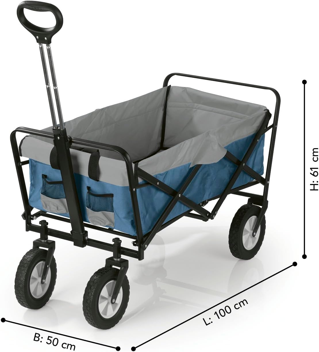 EASYmaxx Bollerwagen faltbar | Klappbarer Handwagen | Transportkarre bis 80 kg belastbar | Kompaktes Design | Ausziehbarer Griff | 360° Vorderräder | Für Ausflüge, Garten, Festivals [Blau/Grau] — Ansicht 6