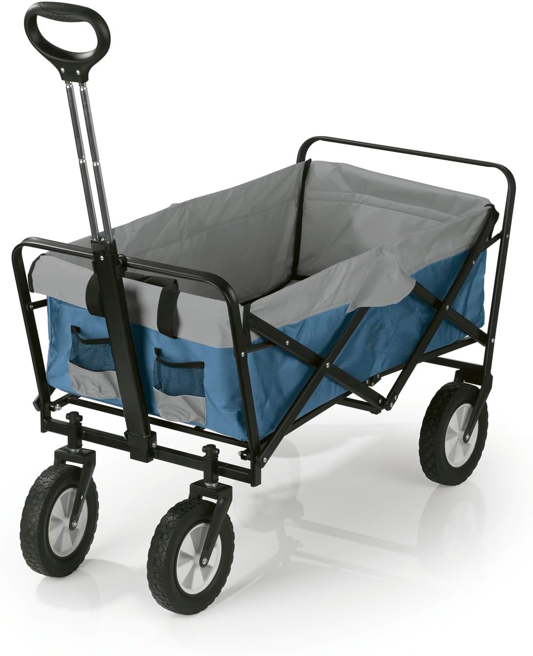 EASYmaxx Bollerwagen faltbar | Klappbarer Handwagen | Transportkarre bis 80 kg belastbar | Kompaktes Design | Ausziehbarer Griff | 360° Vorderräder | Für Ausflüge, Garten, Festivals [Blau/Grau]