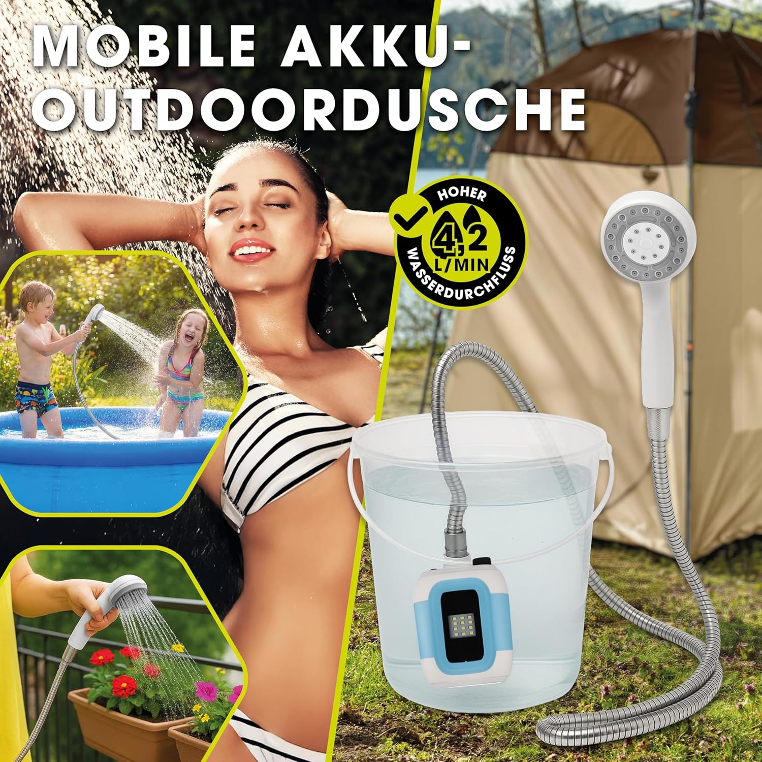 EASYmaxx Campingdusche mit Akku | 2in1: Mobile Outdoor Dusche und Bewässerungsbrause | Camping Dusche mit Pumpe inkl. Ansaugfunktion | kabellose und tragbare Dusche | elektrische Dusche mit LED-Licht — Ansicht 2