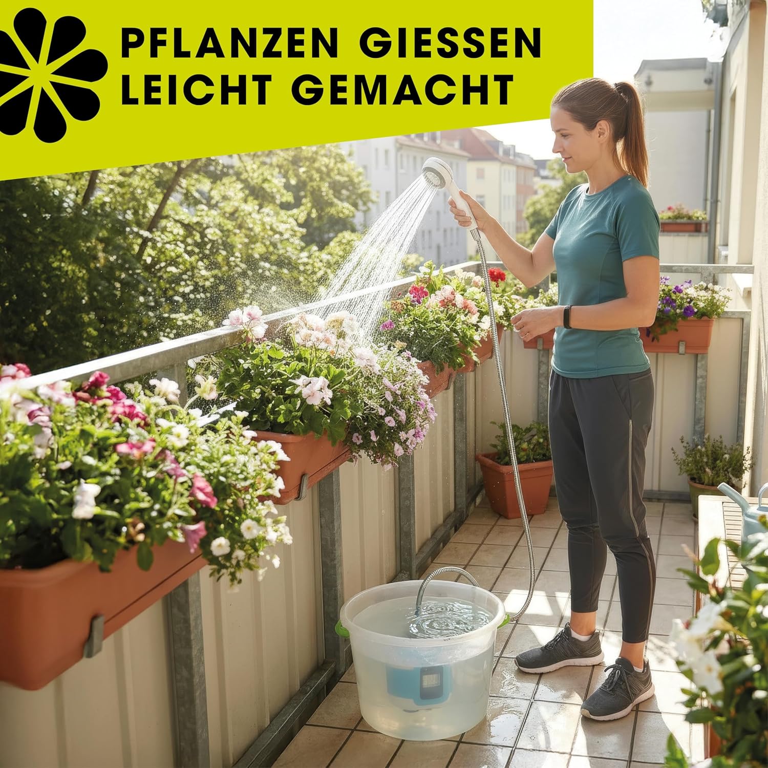 EASYmaxx Campingdusche mit Akku | 2in1: Mobile Outdoor Dusche und Bewässerungsbrause | Camping Dusche mit Pumpe inkl. Ansaugfunktion | kabellose und tragbare Dusche | elektrische Dusche mit LED-Licht — Ansicht 6