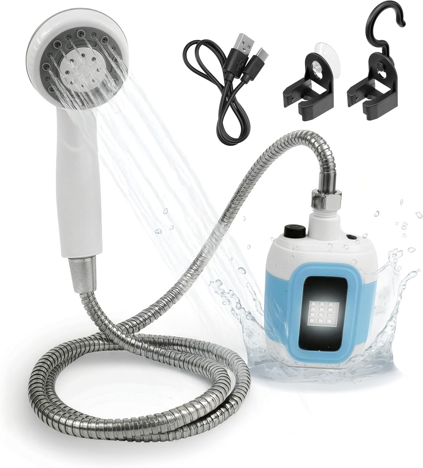 EASYmaxx Campingdusche mit Akku | 2in1: Mobile Outdoor Dusche und Bewässerungsbrause | Camping Dusche mit Pumpe inkl. Ansaugfunktion | kabellose und tragbare Dusche | elektrische Dusche mit LED-Licht