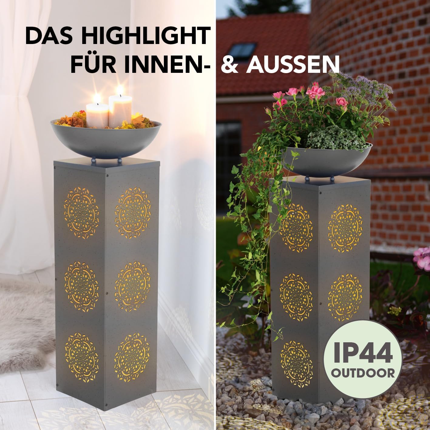EASYmaxx Deko-Säule mit LED & Timer, Mandala-Design im Beton-Look | beleuchtete Pflanzsäule für Innen & Außen | batteriebetrieben, flexibel platzierbar | mit Pflanzschale für individuelle Deko — Ansicht 2