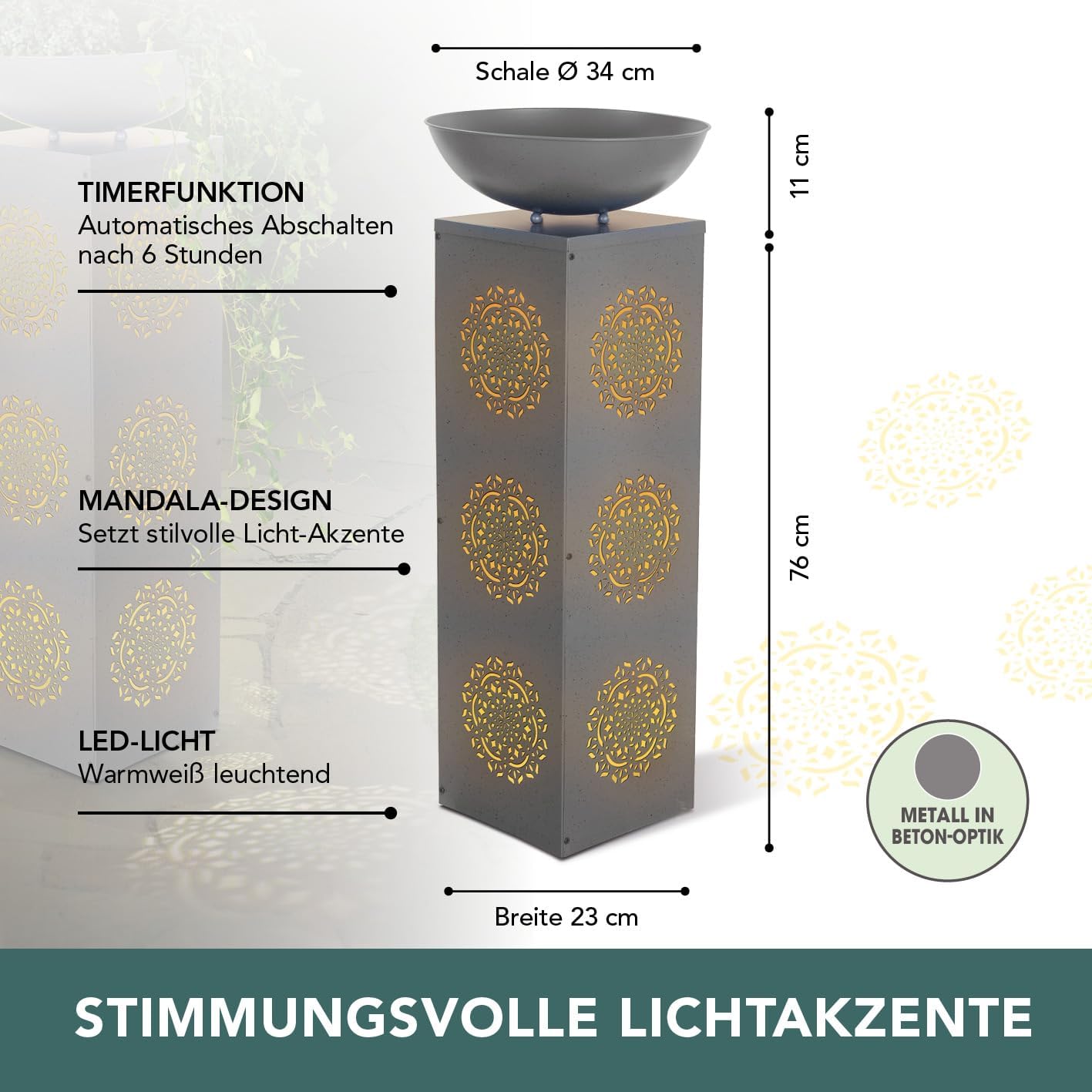 EASYmaxx Deko-Säule mit LED & Timer, Mandala-Design im Beton-Look | beleuchtete Pflanzsäule für Innen & Außen | batteriebetrieben, flexibel platzierbar | mit Pflanzschale für individuelle Deko — Ansicht 3