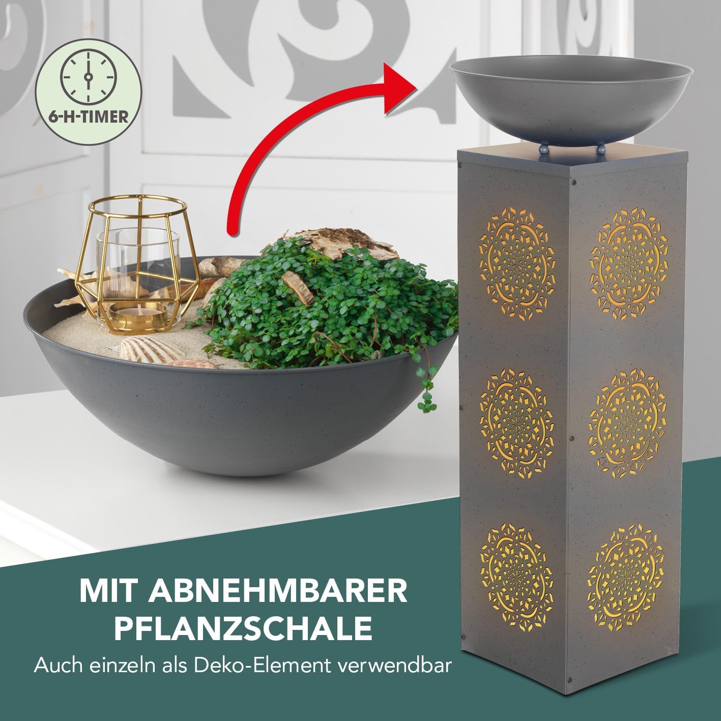 EASYmaxx Deko-Säule mit LED & Timer, Mandala-Design im Beton-Look | beleuchtete Pflanzsäule für Innen & Außen | batteriebetrieben, flexibel platzierbar | mit Pflanzschale für individuelle Deko — Ansicht 4