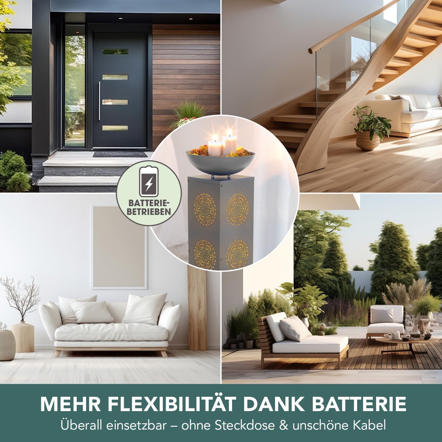 EASYmaxx Deko-Säule mit LED & Timer, Mandala-Design im Beton-Look | beleuchtete Pflanzsäule für Innen & Außen | batteriebetrieben, flexibel platzierbar | mit Pflanzschale für individuelle Deko — Ansicht 5