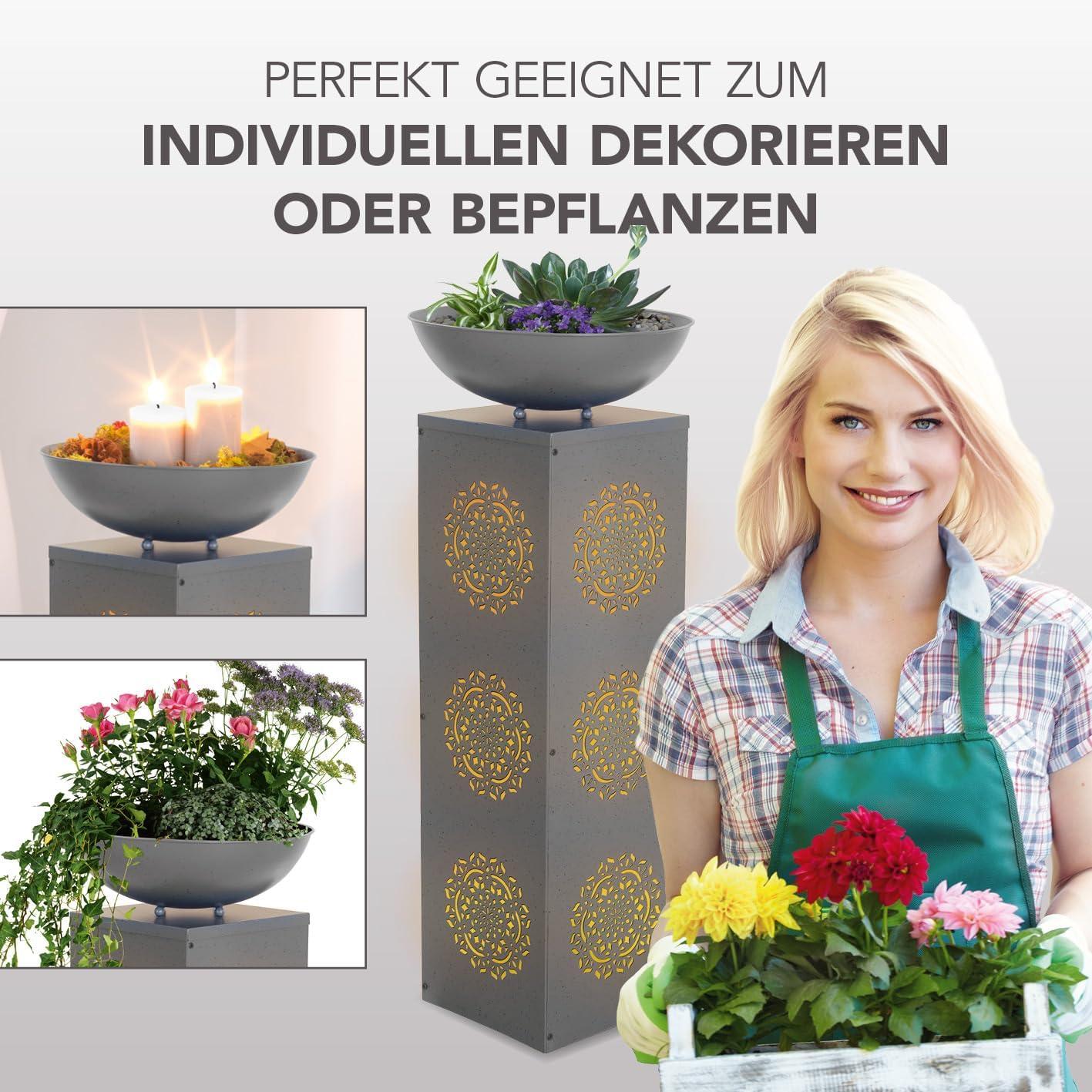 EASYmaxx Deko-Säule mit LED & Timer, Mandala-Design im Beton-Look | beleuchtete Pflanzsäule für Innen & Außen | batteriebetrieben, flexibel platzierbar | mit Pflanzschale für individuelle Deko — Ansicht 6
