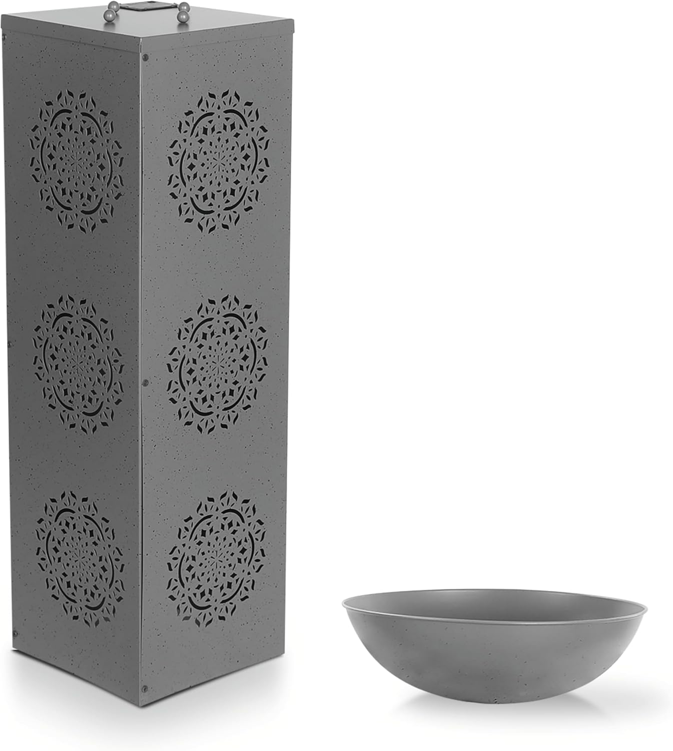 EASYmaxx Deko-Säule mit LED & Timer, Mandala-Design im Beton-Look | beleuchtete Pflanzsäule für Innen & Außen | batteriebetrieben, flexibel platzierbar | mit Pflanzschale für individuelle Deko