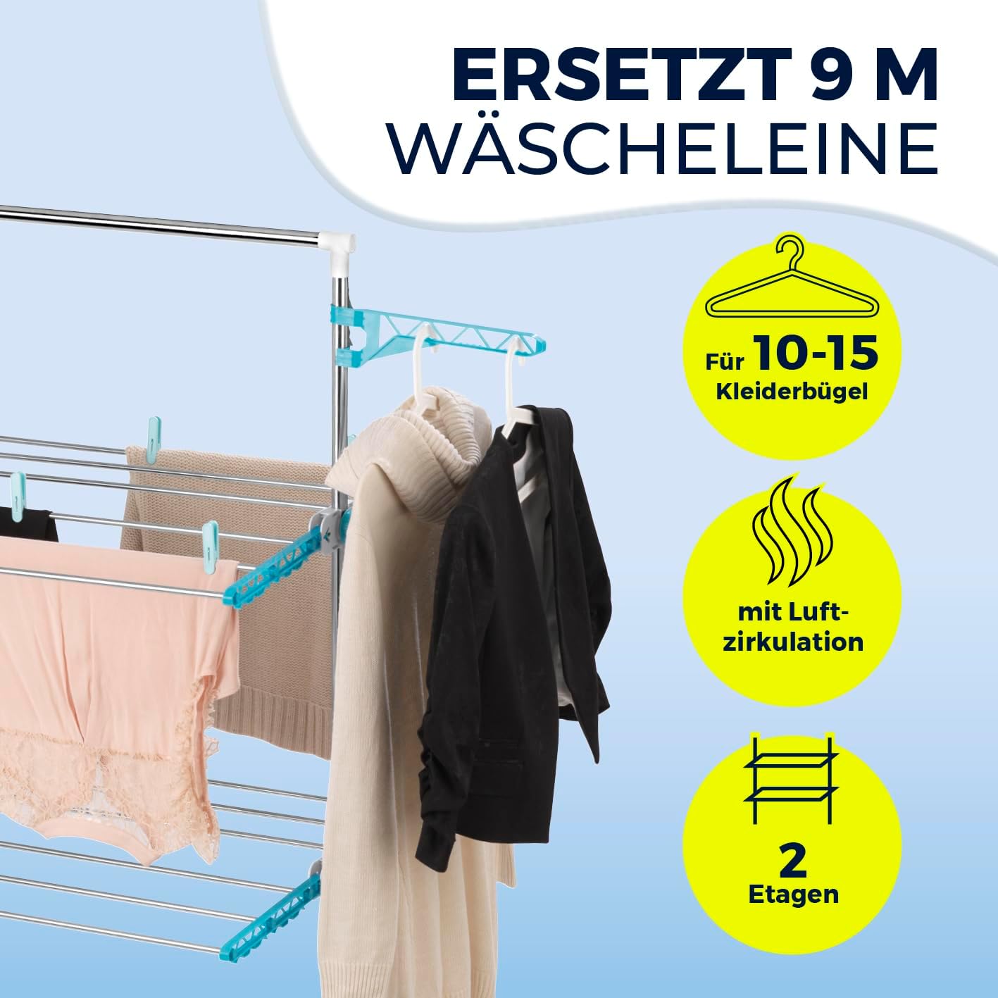 EASYmaxx Elektro-Wäscheständer 900 | elektrischer Wäscheständer mit Rollen, 9m Trockenlänge & 2 Etagen | Turmwäscheständer mit Seitenflügeln & Luftstrom-Technologie | 138x65x148 cm — Ansicht 2