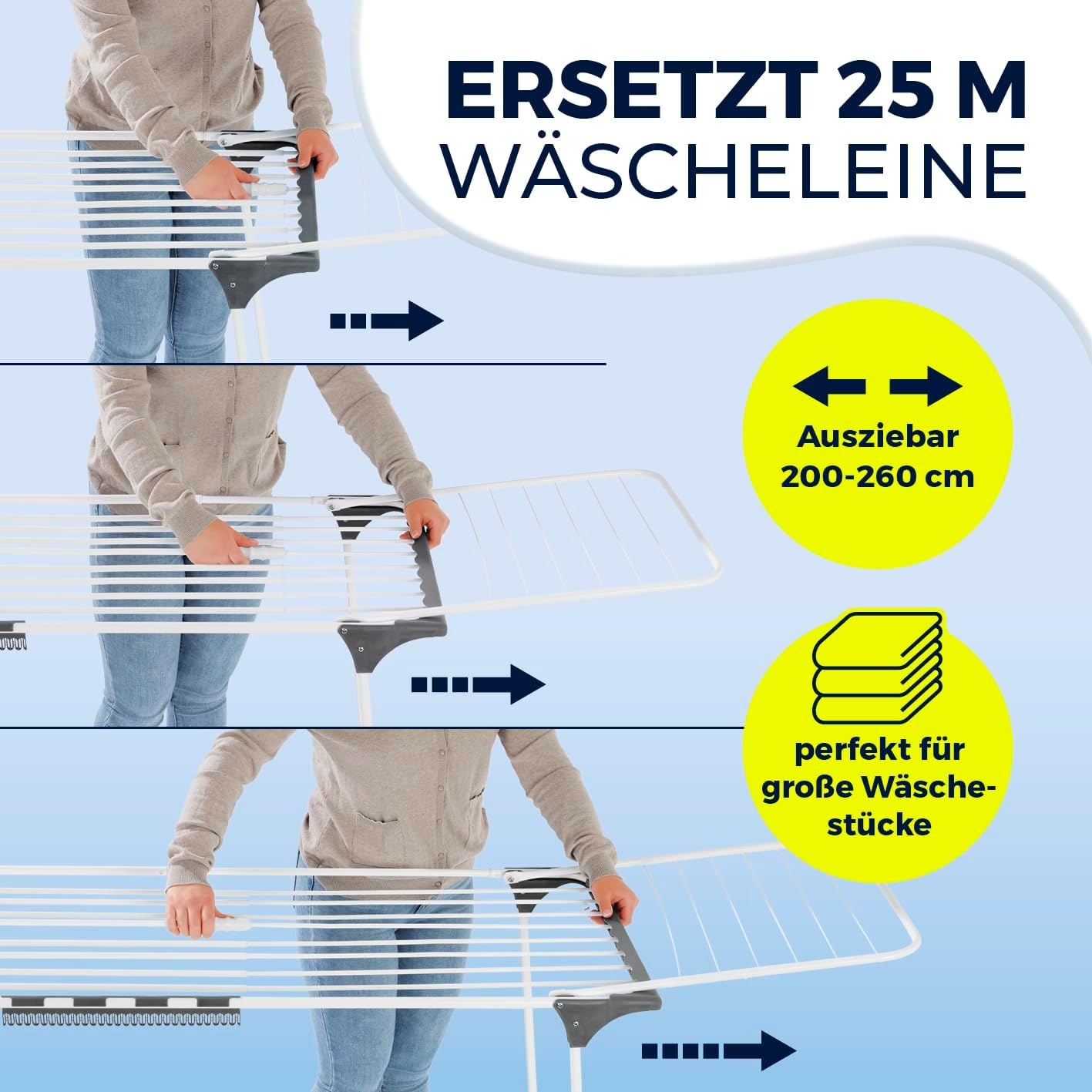 EASYmaxx Falt-Wäscheständer 2500 mit 25m Trockenlänge | XXL Wäscheständer Teleskop - ausziehbar bis 260cm | mit Rollen | Bettlaken & Handtücher stromlos drinnen und draußen trocknen — Ansicht 2