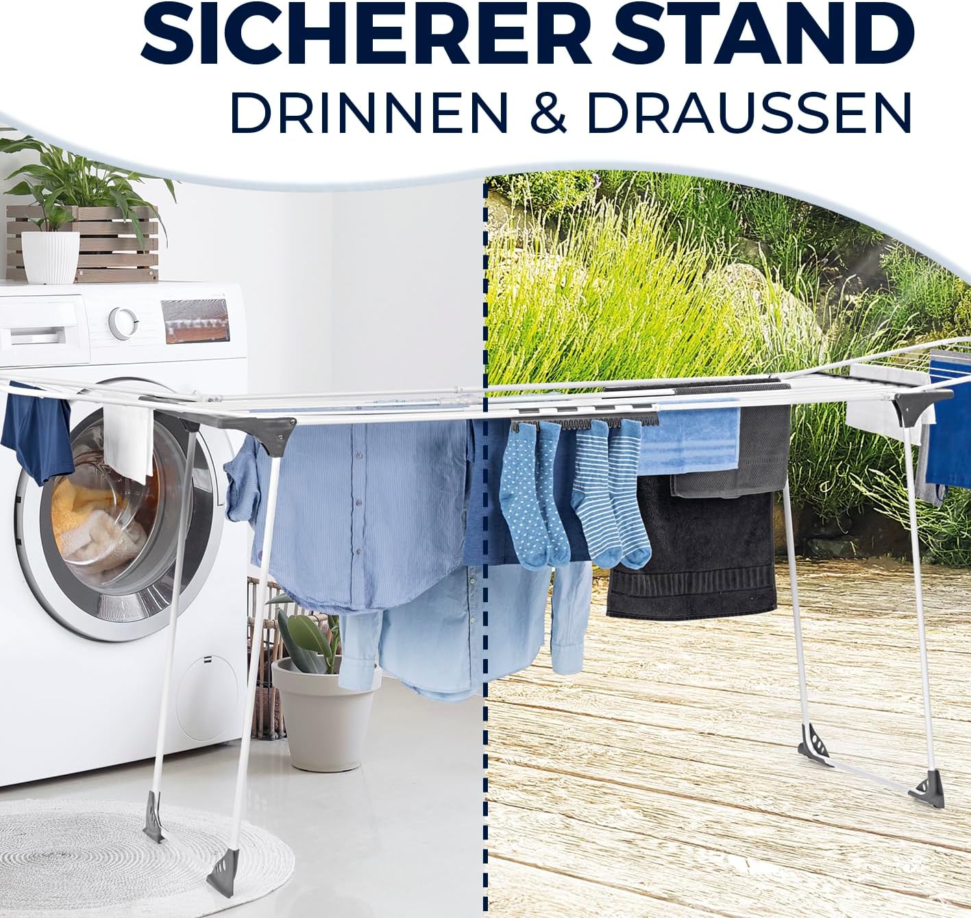 EASYmaxx Falt-Wäscheständer 2500 mit 25m Trockenlänge | XXL Wäscheständer Teleskop - ausziehbar bis 260cm | mit Rollen | Bettlaken & Handtücher stromlos drinnen und draußen trocknen — Ansicht 4