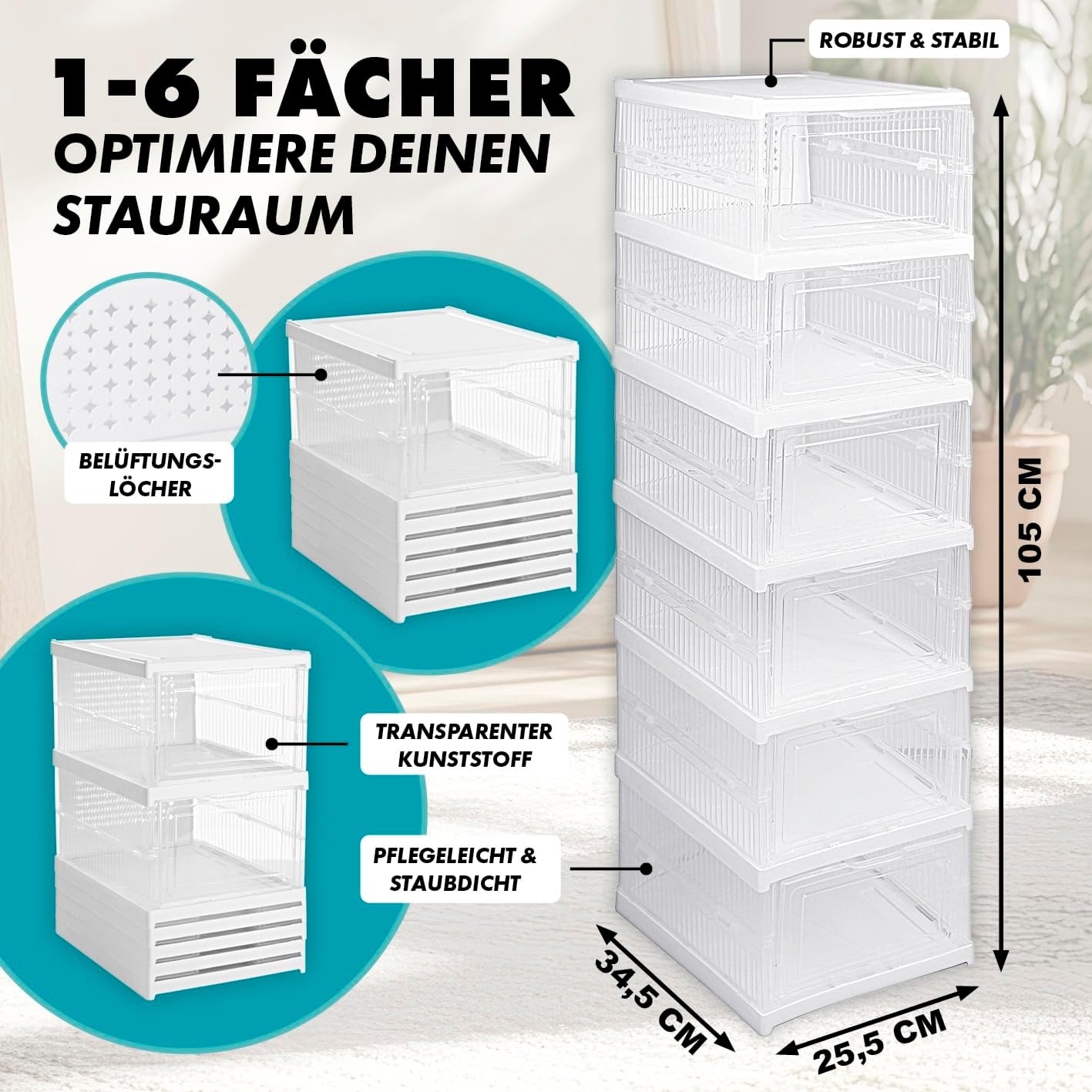 EASYmaxx faltbares Schuhregal mit durchsichtiger Front | 1-6 transparente Schuhboxen | Platzsparender Kunststoffschrank zum Auseinanderziehen | Ideal für Sneaker, Werkzeug u.v.m. | Einfacher Aufbau — Ansicht 4