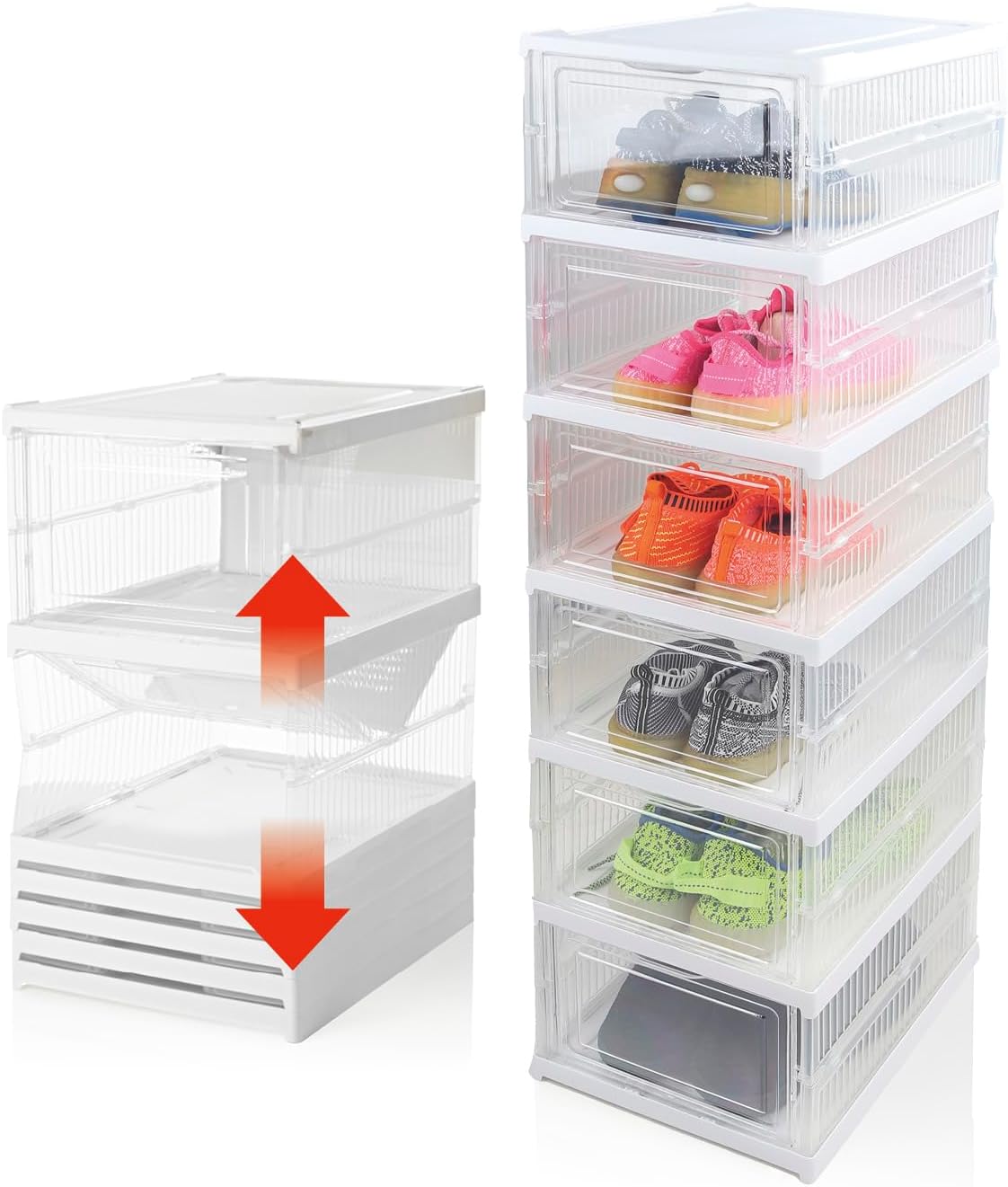 EASYmaxx faltbares Schuhregal mit durchsichtiger Front | 1-6 transparente Schuhboxen | Platzsparender Kunststoffschrank zum Auseinanderziehen | Ideal für Sneaker, Werkzeug u.v.m. | Einfacher Aufbau