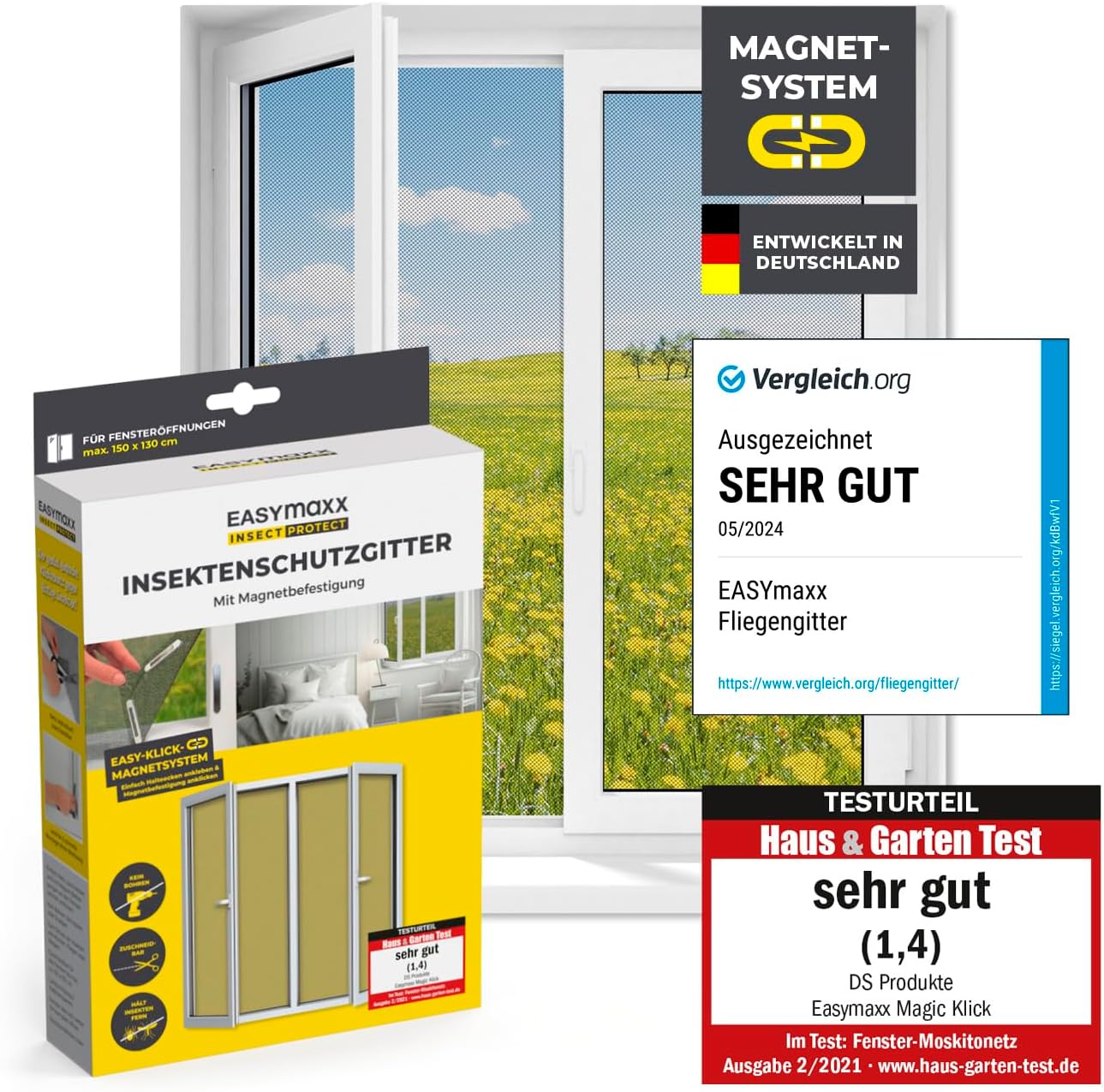 EASYmaxx Fliegengitter für Fenster mit Magic Click | Moskitonetz individuell zuschneidbar für alle Fenster bis 150 x 130 cm | Einfache Montage mit 12 Magneten - kein Bohren oder Schrauben [Schwarz] — Ansicht 2