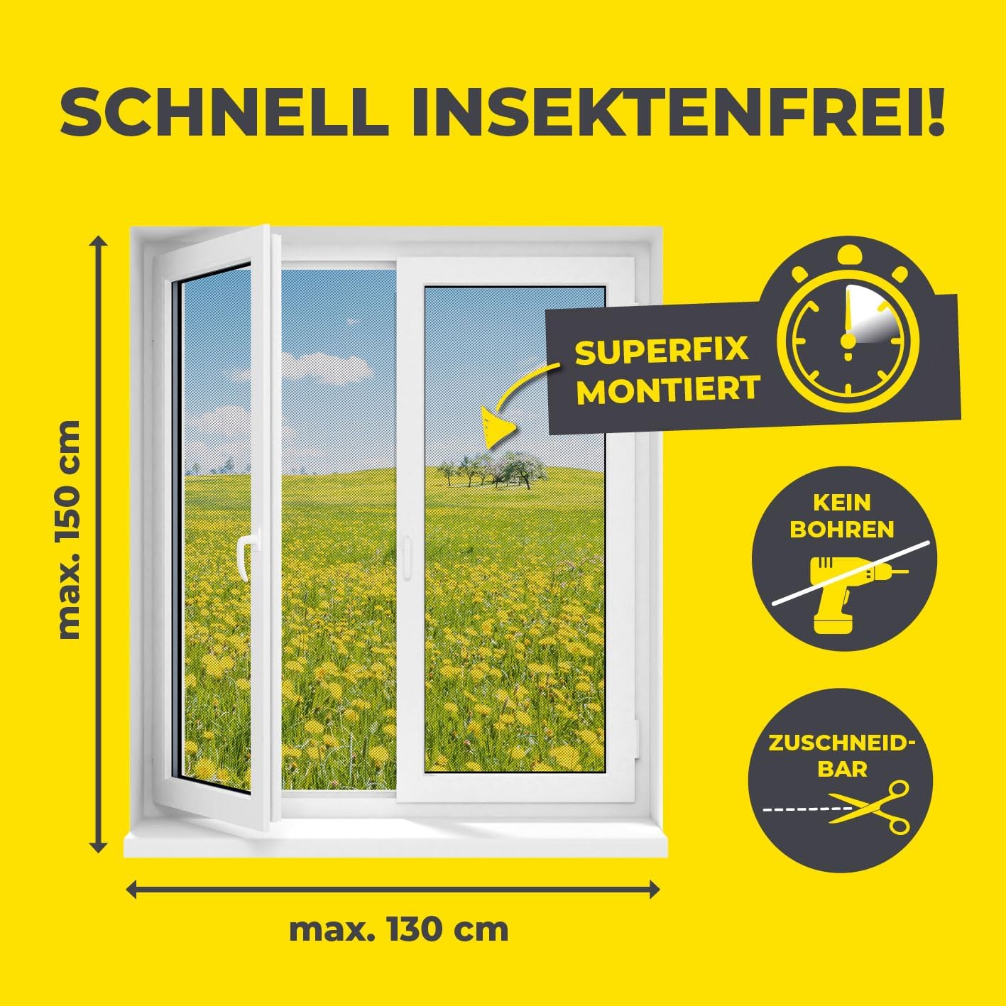EASYmaxx Fliegengitter für Fenster mit Magic Click | Moskitonetz individuell zuschneidbar für alle Fenster bis 150 x 130 cm | Einfache Montage mit 12 Magneten - kein Bohren oder Schrauben [Schwarz] — Ansicht 5