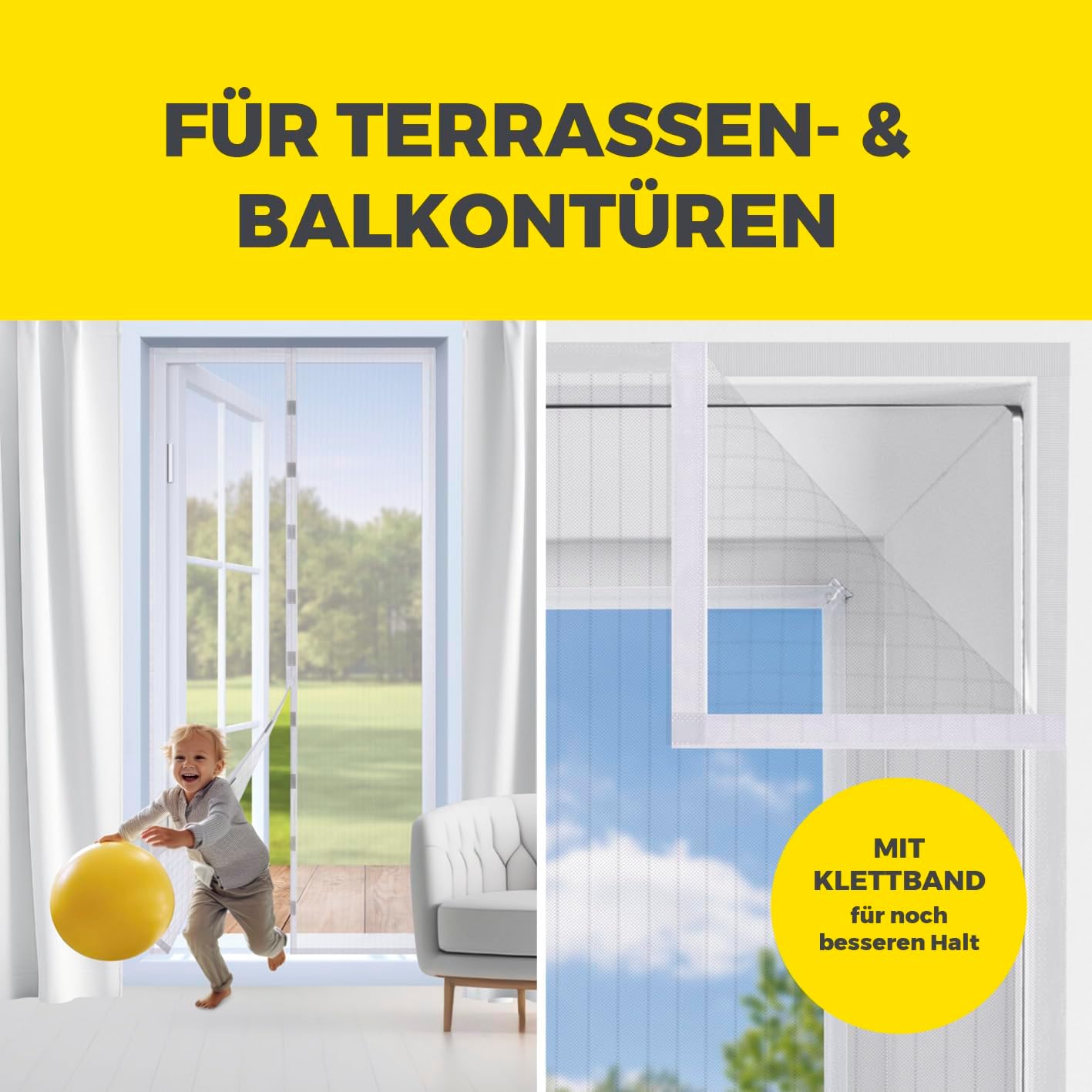 EASYmaxx Fliegengitter Tür mit Magnetverschluss | 100 x 210 cm - ideal für Balkontür, Kellertür & Terrassentür | Einfache Klebemontage ohne Bohren & Schrauben | Zuschneidbarer Insektenschutz [Weiß] — Ansicht 3