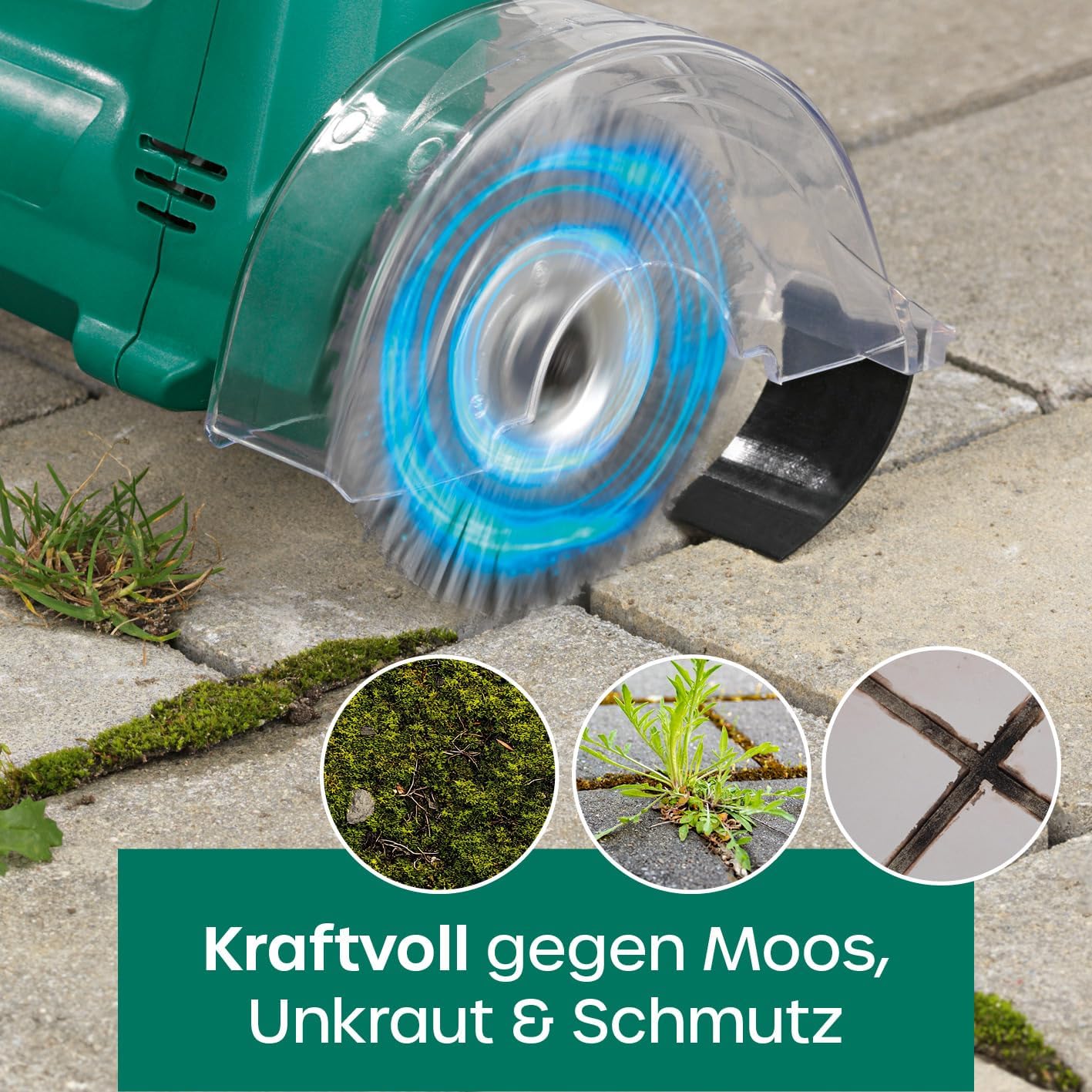 EASYmaxx Fugenreiniger elektrisch | Einfache säuberung von Fugen, Gehwegen & uvm - Ohne lästige Rückenschmerzen | inkl. 2 auswechselbaren Bürsten | Fugenbürste 140 Watt 1200 rpm [ABS/Stahl Grün] — Ansicht 2