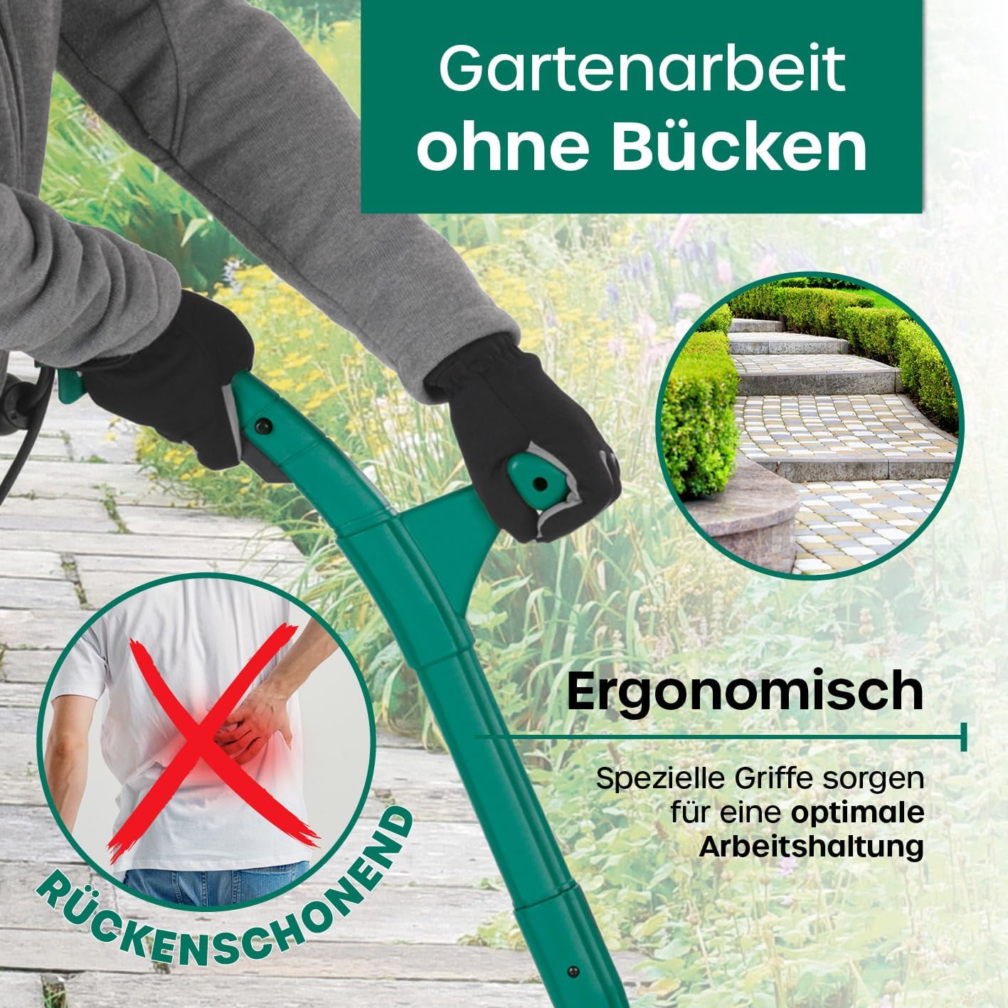 EASYmaxx Fugenreiniger elektrisch | Einfache säuberung von Fugen, Gehwegen & uvm - Ohne lästige Rückenschmerzen | inkl. 2 auswechselbaren Bürsten | Fugenbürste 140 Watt 1200 rpm [ABS/Stahl Grün] — Ansicht 4