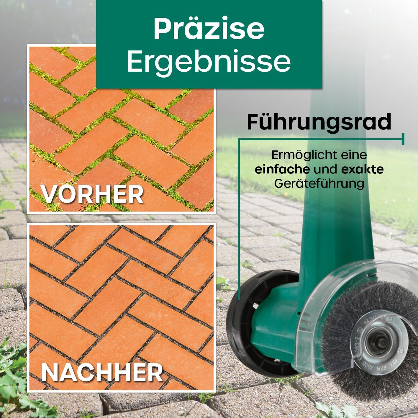 EASYmaxx Fugenreiniger elektrisch | Einfache säuberung von Fugen, Gehwegen & uvm - Ohne lästige Rückenschmerzen | inkl. 2 auswechselbaren Bürsten | Fugenbürste 140 Watt 1200 rpm [ABS/Stahl Grün] — Ansicht 5