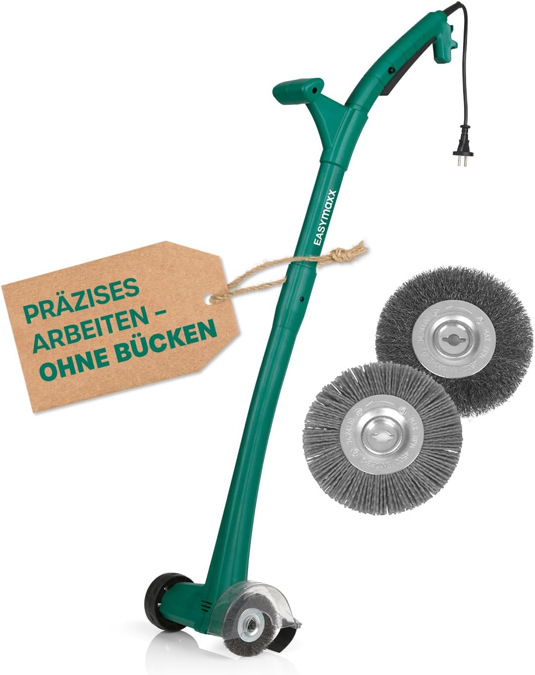 EASYmaxx Fugenreiniger elektrisch | Einfache säuberung von Fugen, Gehwegen & uvm - Ohne lästige Rückenschmerzen | inkl. 2 auswechselbaren Bürsten | Fugenbürste 140 Watt 1200 rpm [ABS/Stahl Grün]