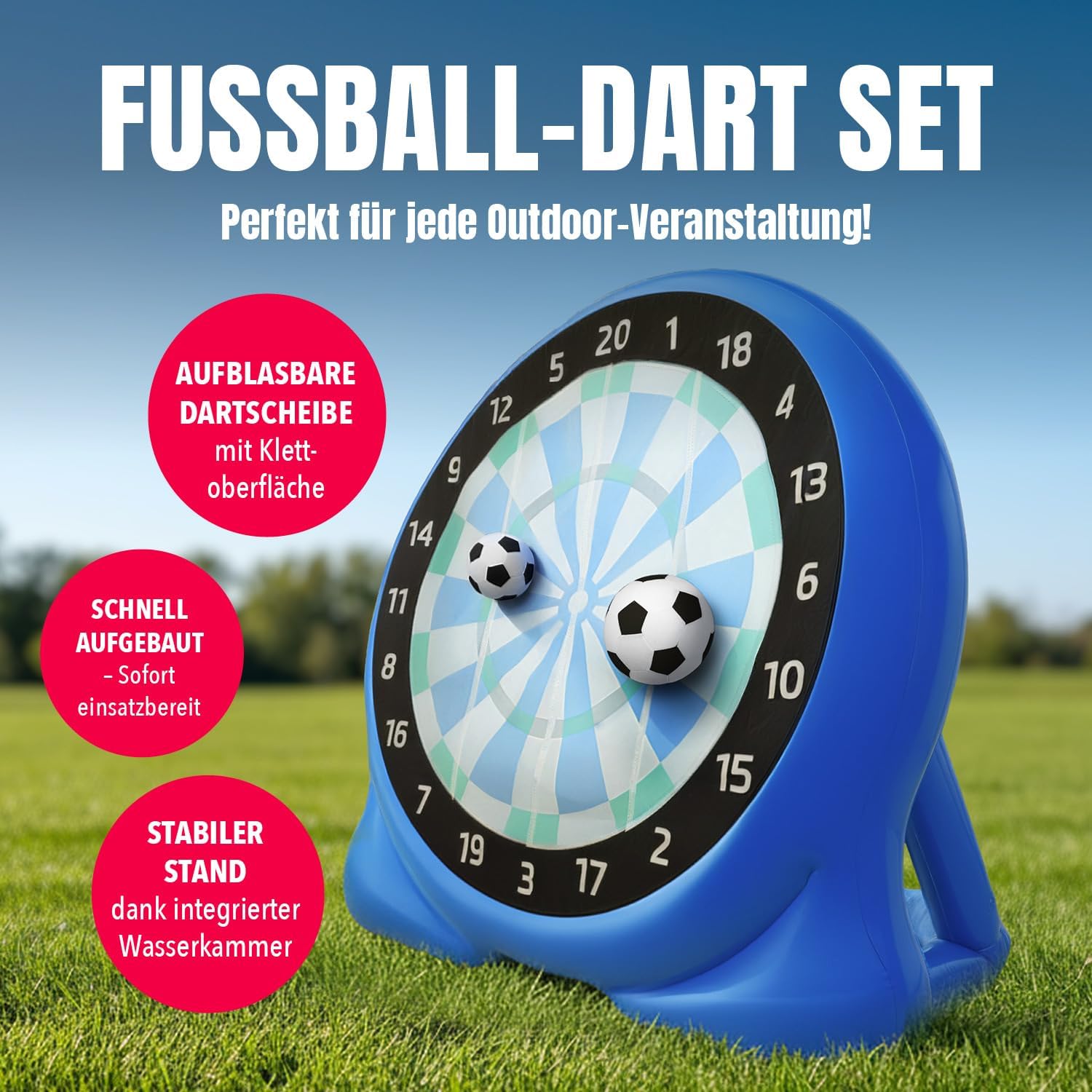 EASYmaxx Fussball Dart aufblasbar Outdoor Komplett-Set mit 2 Bällen, aufblasbare Dartscheibe Fußball mit 107 cm Trefferfläche | ab 6 Jahren | stabil mit Wasserkammer | für Garten, Unterwegs & Events — Ansicht 2