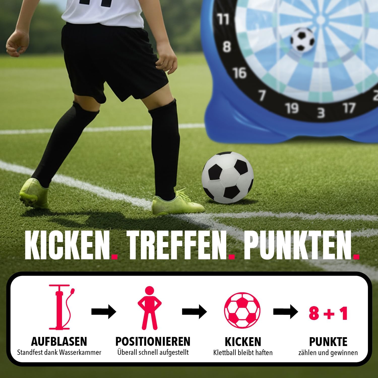 EASYmaxx Fussball Dart aufblasbar Outdoor Komplett-Set mit 2 Bällen, aufblasbare Dartscheibe Fußball mit 107 cm Trefferfläche | ab 6 Jahren | stabil mit Wasserkammer | für Garten, Unterwegs & Events — Ansicht 3