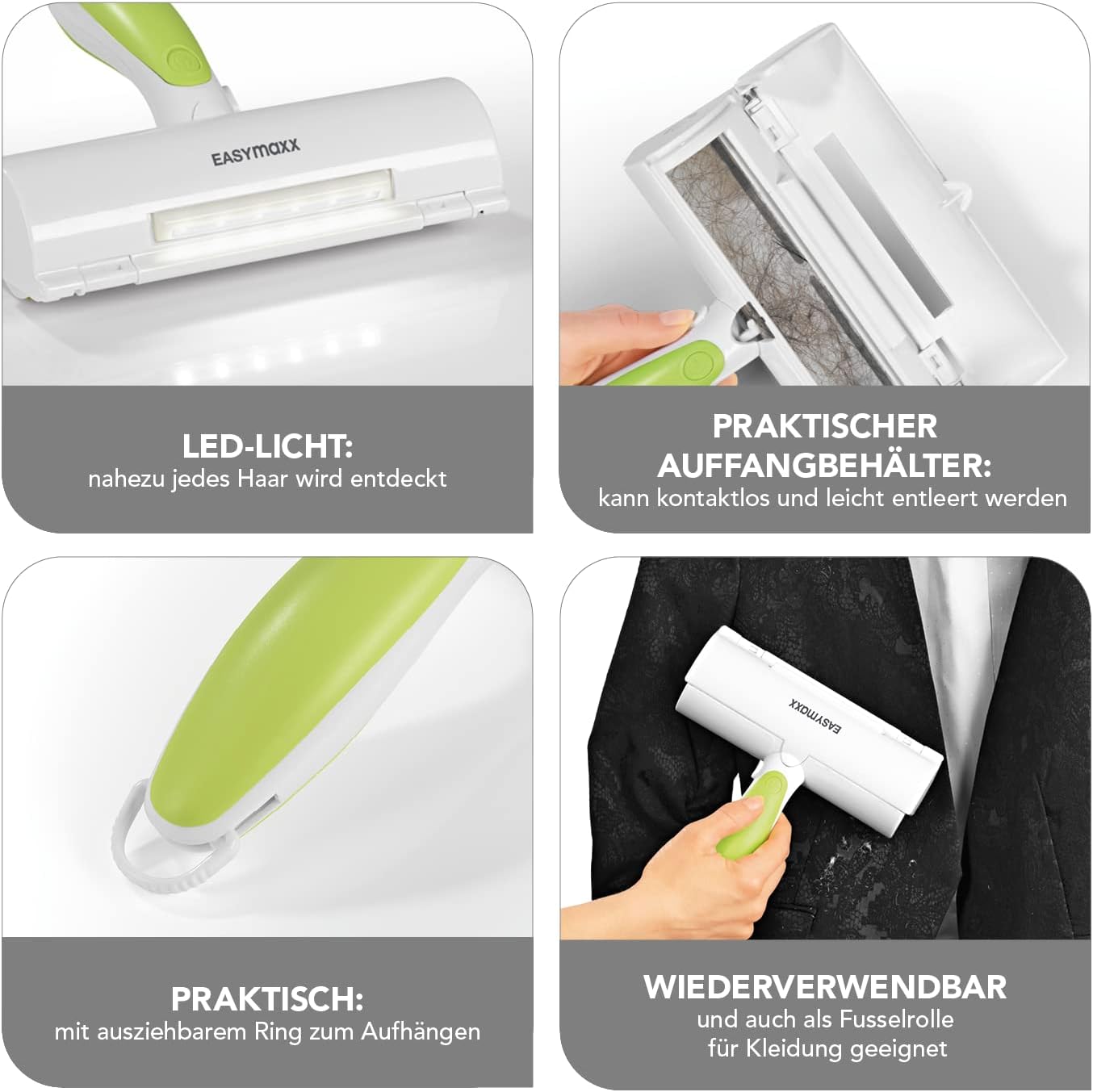 EASYmaxx Fusselrolle für Tierhaare mit integriertem Licht | Wiederverwendbare Fusselbürst für Hunde- & Katzenhaare | säubert schnell & effektiv das Sofa, Bett, Kleidung | großer Auffangbehälter [ABS] — Ansicht 5