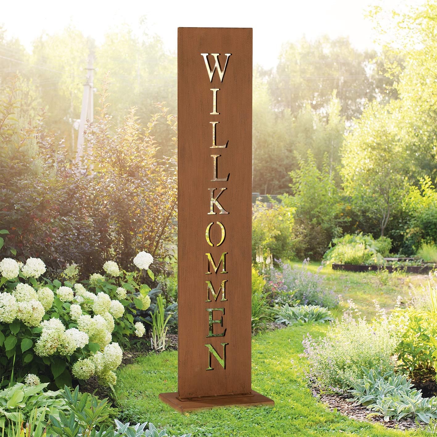 EASYmaxx Garten Deko Standschild - Willkommen | Gartensäule mit Spruch, Spruchschild aus Metall in Rostoptik | Wetterfestes Willkommen Schild für drinnen und draußen [77 cm Höhe] — Ansicht 2