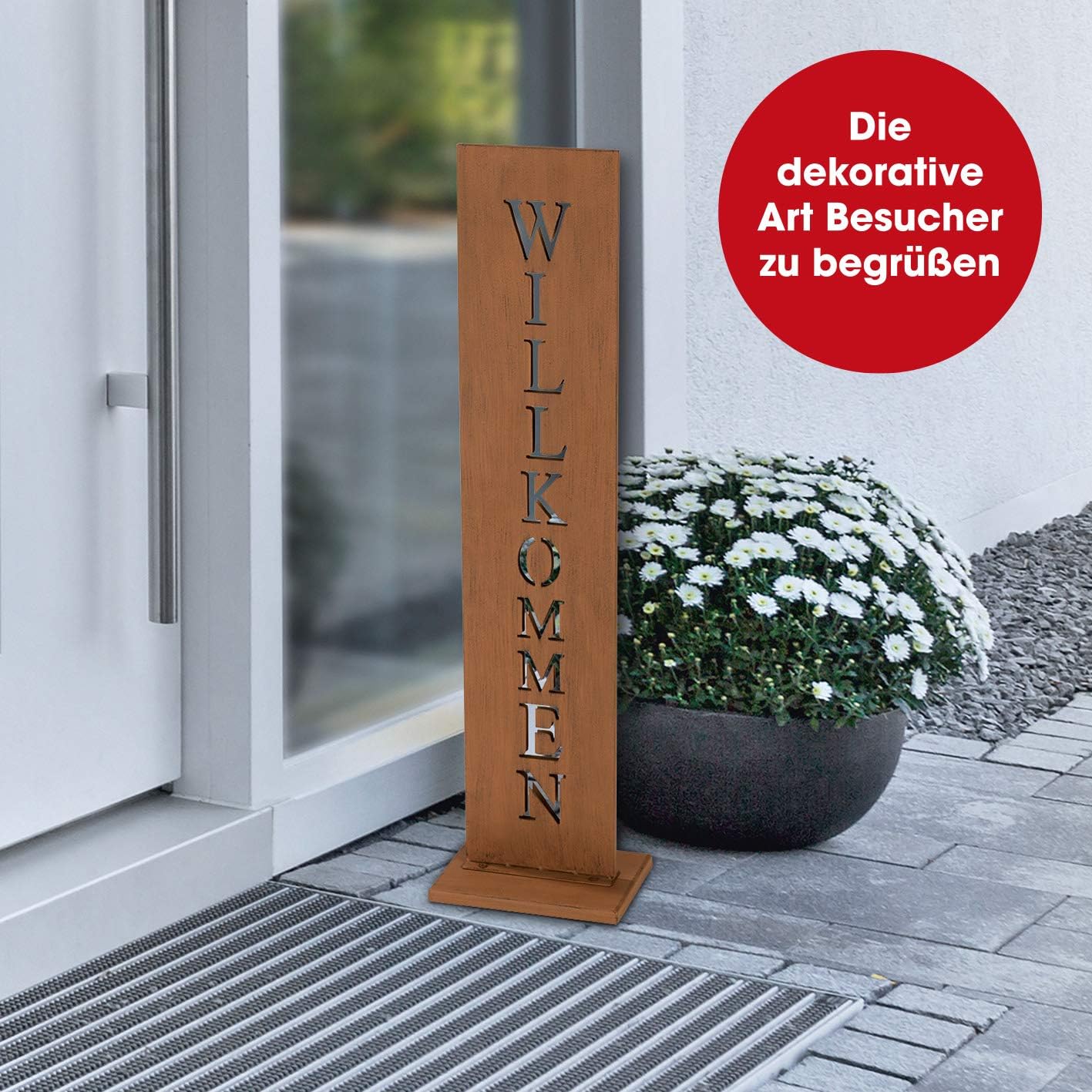 EASYmaxx Garten Deko Standschild - Willkommen | Gartensäule mit Spruch, Spruchschild aus Metall in Rostoptik | Wetterfestes Willkommen Schild für drinnen und draußen [77 cm Höhe] — Ansicht 3