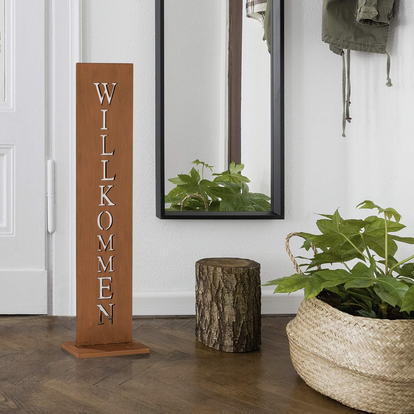 EASYmaxx Garten Deko Standschild - Willkommen | Gartensäule mit Spruch, Spruchschild aus Metall in Rostoptik | Wetterfestes Willkommen Schild für drinnen und draußen [77 cm Höhe] — Ansicht 4