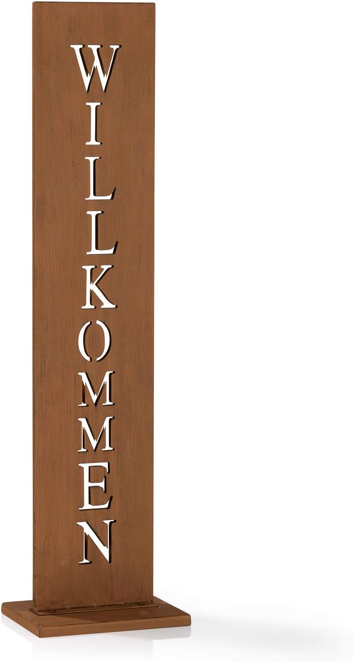EASYmaxx Garten Deko Standschild - Willkommen | Gartensäule mit Spruch, Spruchschild aus Metall in Rostoptik | Wetterfestes Willkommen Schild für drinnen und draußen [77 cm Höhe]