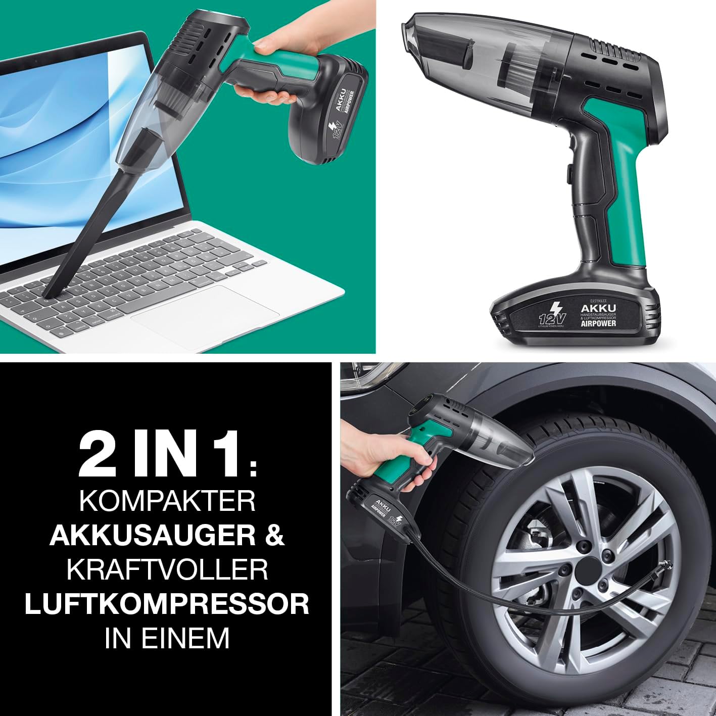 EASYmaxx Handstaubsauger Akku & Luftkompressor AirPower | 2in1 Akku Staubsauger kabellos & Kompressor zum Aufpumpen von Bällen, Auto- & Fahrradrädern | Akkustaubsauger - ideales Auto Zubehör Innenraum — Ansicht 2