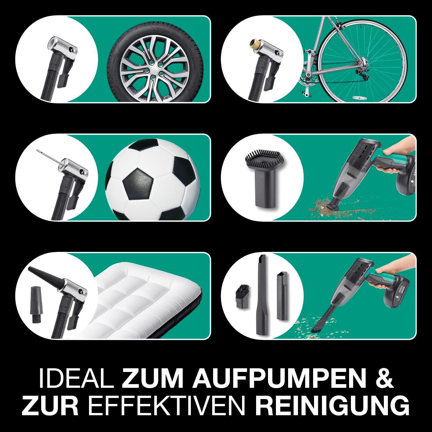 EASYmaxx Handstaubsauger Akku & Luftkompressor AirPower | 2in1 Akku Staubsauger kabellos & Kompressor zum Aufpumpen von Bällen, Auto- & Fahrradrädern | Akkustaubsauger - ideales Auto Zubehör Innenraum — Ansicht 3