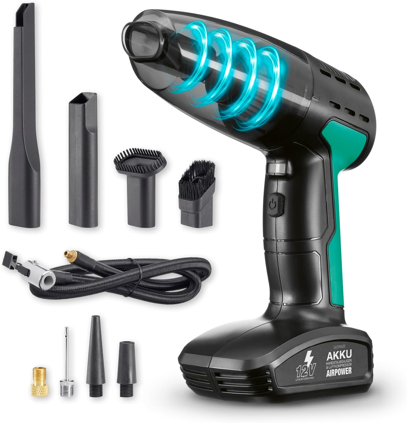 EASYmaxx Handstaubsauger Akku & Luftkompressor AirPower | 2in1 Akku Staubsauger kabellos & Kompressor zum Aufpumpen von Bällen, Auto- & Fahrradrädern | Akkustaubsauger - ideales Auto Zubehör Innenraum