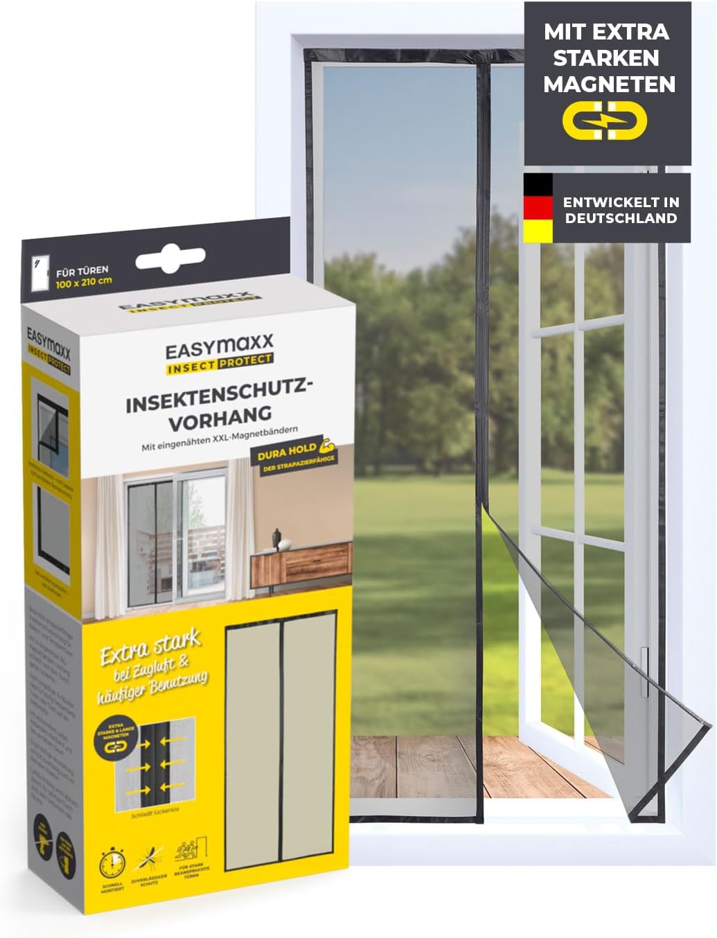 EASYmaxx Insect Protect Insektenschutzvorhang 100 x 210 cm | mit XXL-Magnetbändern | Fliegengitter Tür | Balkontür | Insektenschutz | Magnet | Fliegenvorhang