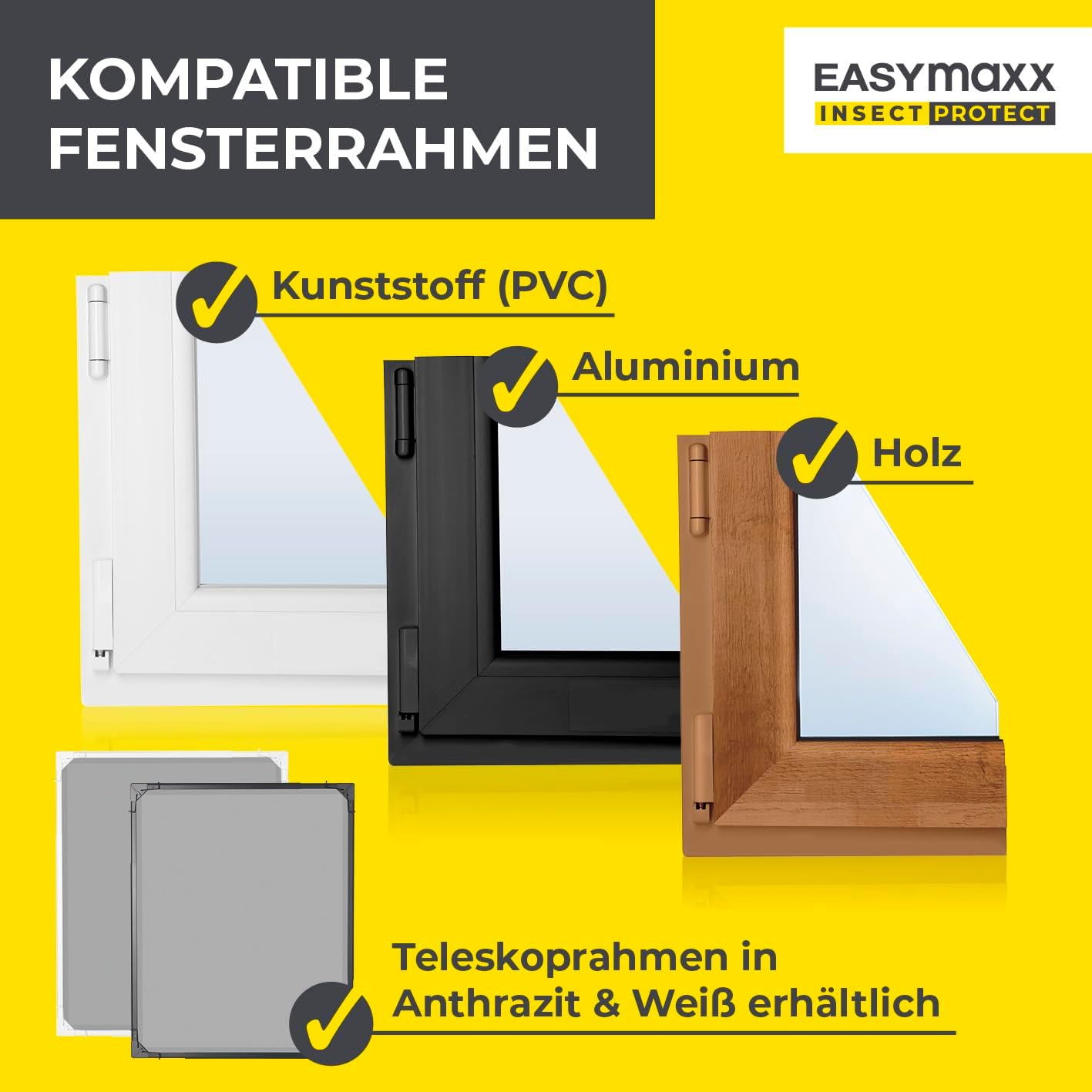 EASYmaxx Insect Protect | Teleskop-Insektenschutzgitter | Fliegengitter Fenster | mit vormontierten Rahmen | ausziehbarer Insektenschutz | integriertes Moskitonetz | anthrazit — Ansicht 5