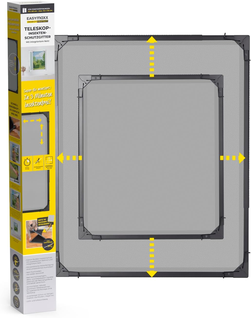 EASYmaxx Insect Protect | Teleskop-Insektenschutzgitter | Fliegengitter Fenster | mit vormontierten Rahmen | ausziehbarer Insektenschutz | integriertes Moskitonetz | anthrazit