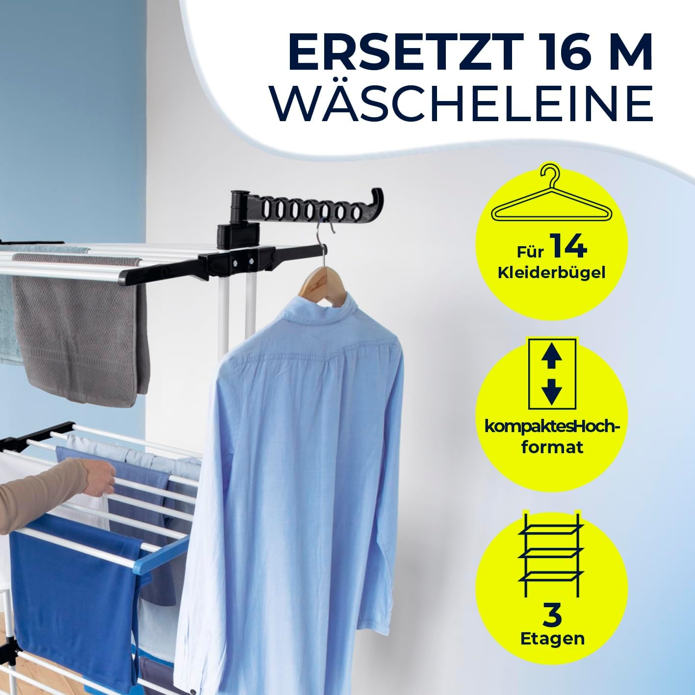 EASYmaxx Klappbarer Wäscheständer | Effizientes Trocknen mit 3 Ebenen, 2 Seitenflügeln & leichtem Aufbau | Platzsparend, vielseitig und mobil für drinnen und draußen, Schwarz/Weiß — Ansicht 2