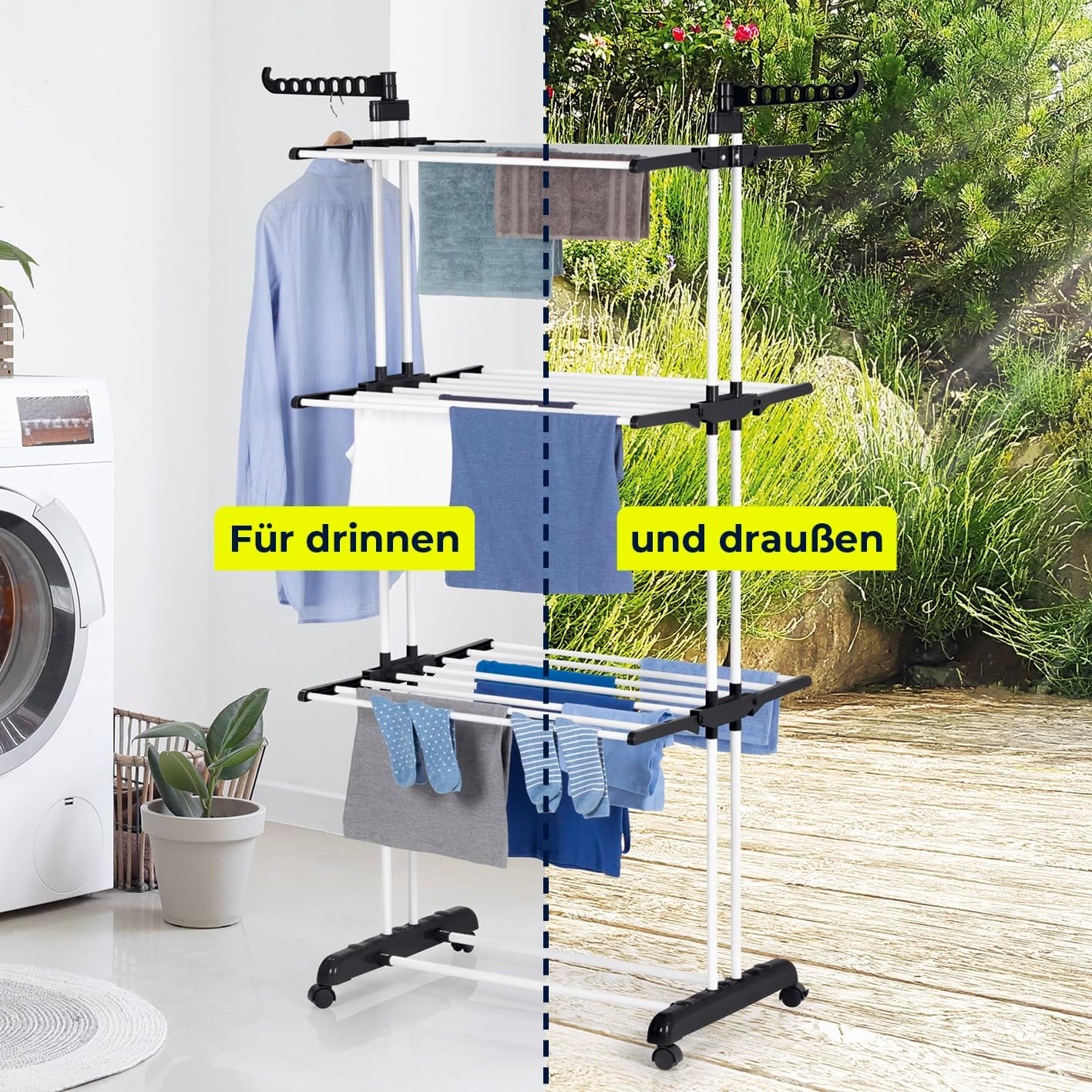 EASYmaxx Klappbarer Wäscheständer | Effizientes Trocknen mit 3 Ebenen, 2 Seitenflügeln & leichtem Aufbau | Platzsparend, vielseitig und mobil für drinnen und draußen, Schwarz/Weiß — Ansicht 4