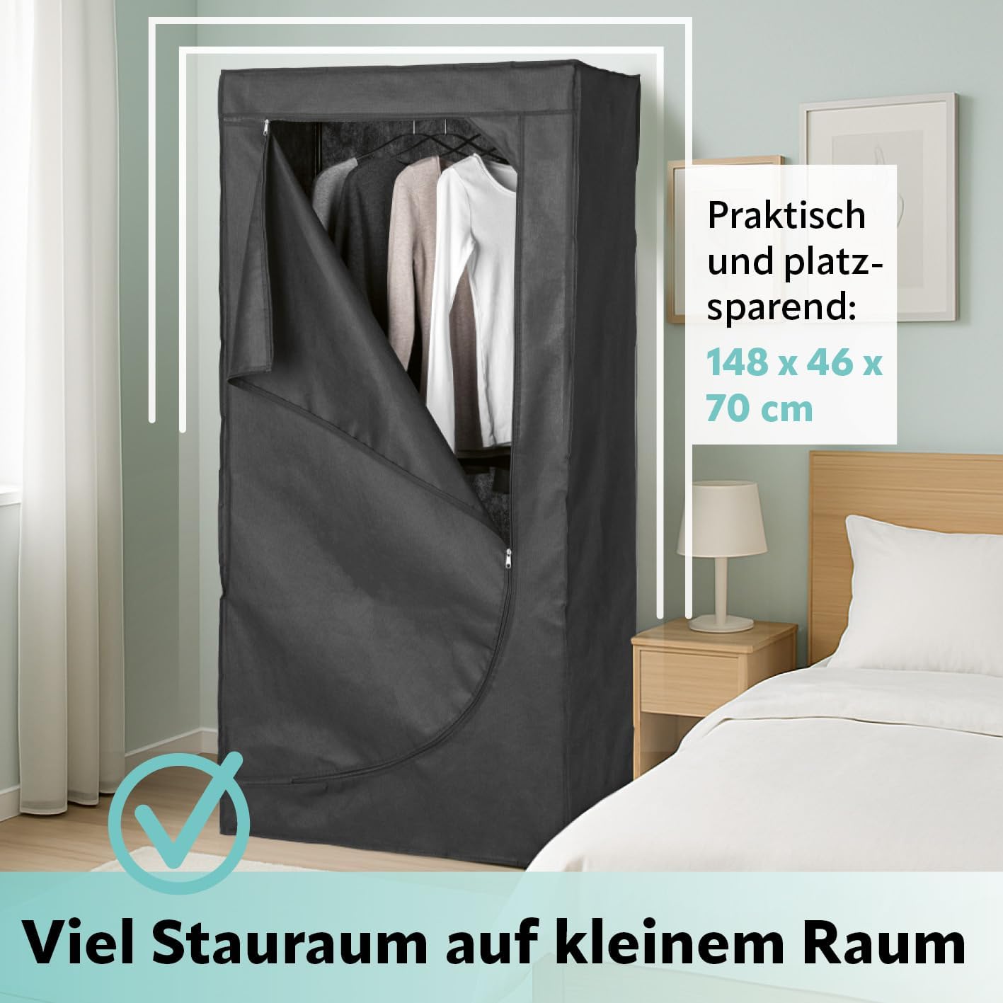EASYmaxx Kleiderschrank | Faltbarer Stoffschrank mit Reißverschluss & Kleiderstange | Stoffkleiderschrank – ideal als Campingschrank oder mobiler Kleiderschrank zu Hause | Kleiderständer modular — Ansicht 2