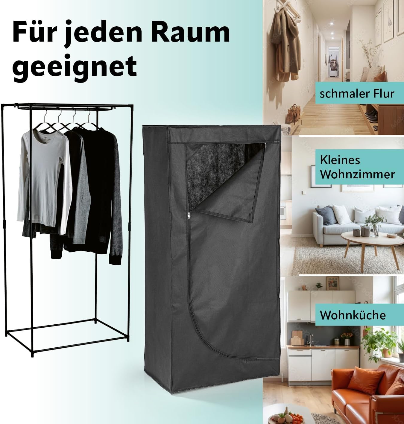 EASYmaxx Kleiderschrank | Faltbarer Stoffschrank mit Reißverschluss & Kleiderstange | Stoffkleiderschrank – ideal als Campingschrank oder mobiler Kleiderschrank zu Hause | Kleiderständer modular — Ansicht 6