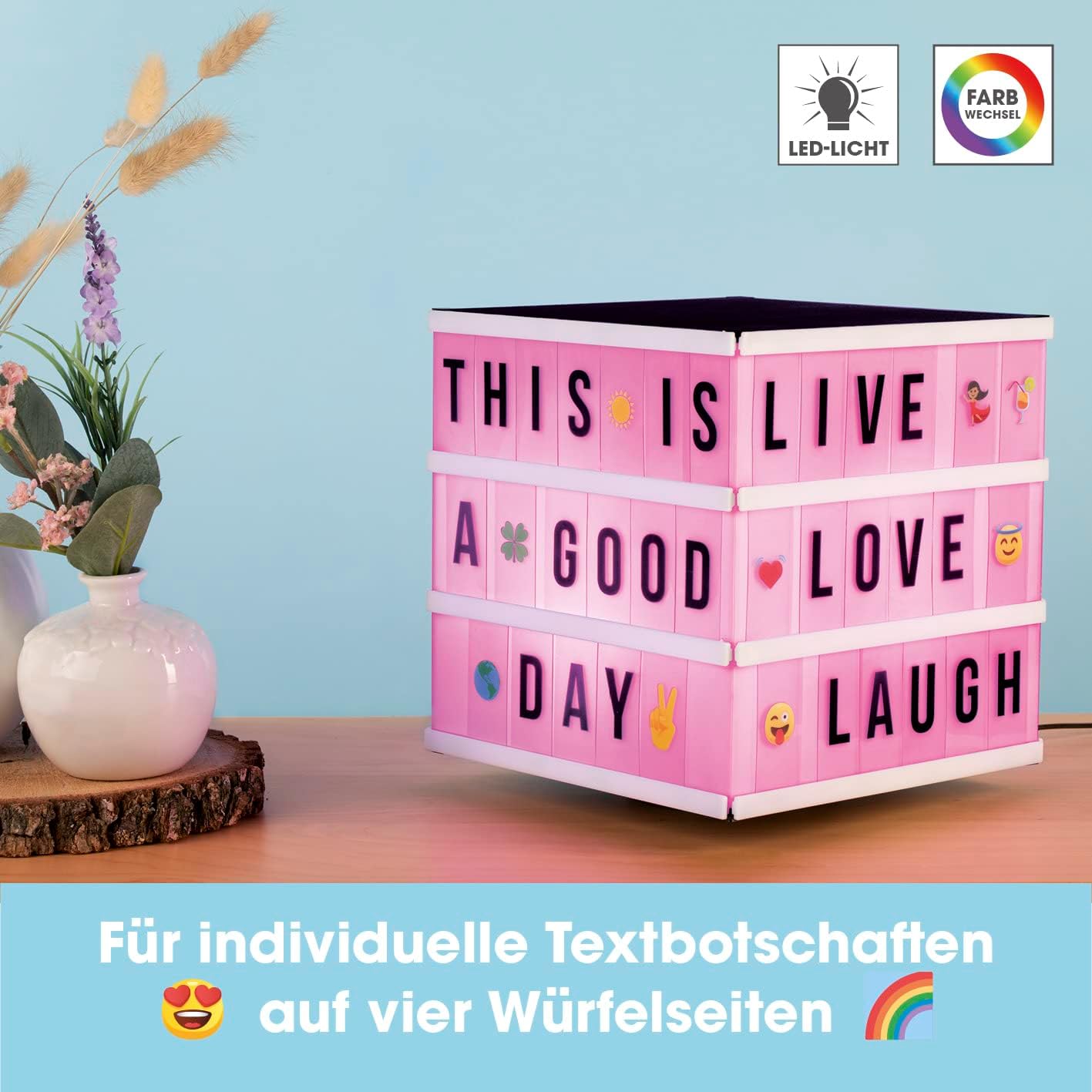 EASYmaxx LED-Leuchtkasten Light Box - Für individuelle Textbotschaften | Mega-Set mit 150 bunten Emojis und 173 austauschbaren Buchstaben, Zahlen und Symbolen [Würfel] — Ansicht 2