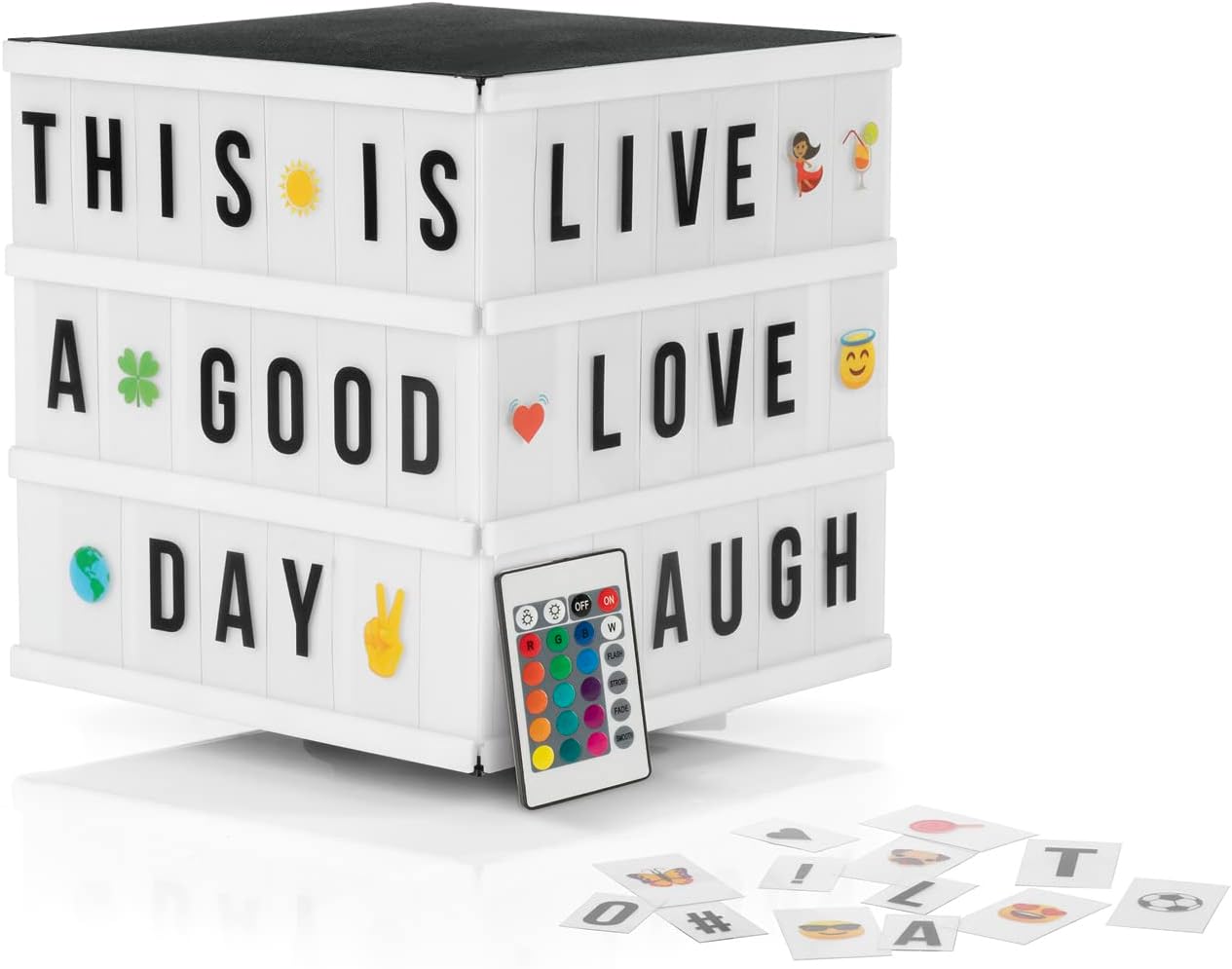 EASYmaxx LED-Leuchtkasten Light Box - Für individuelle Textbotschaften | Mega-Set mit 150 bunten Emojis und 173 austauschbaren Buchstaben, Zahlen und Symbolen [Würfel]