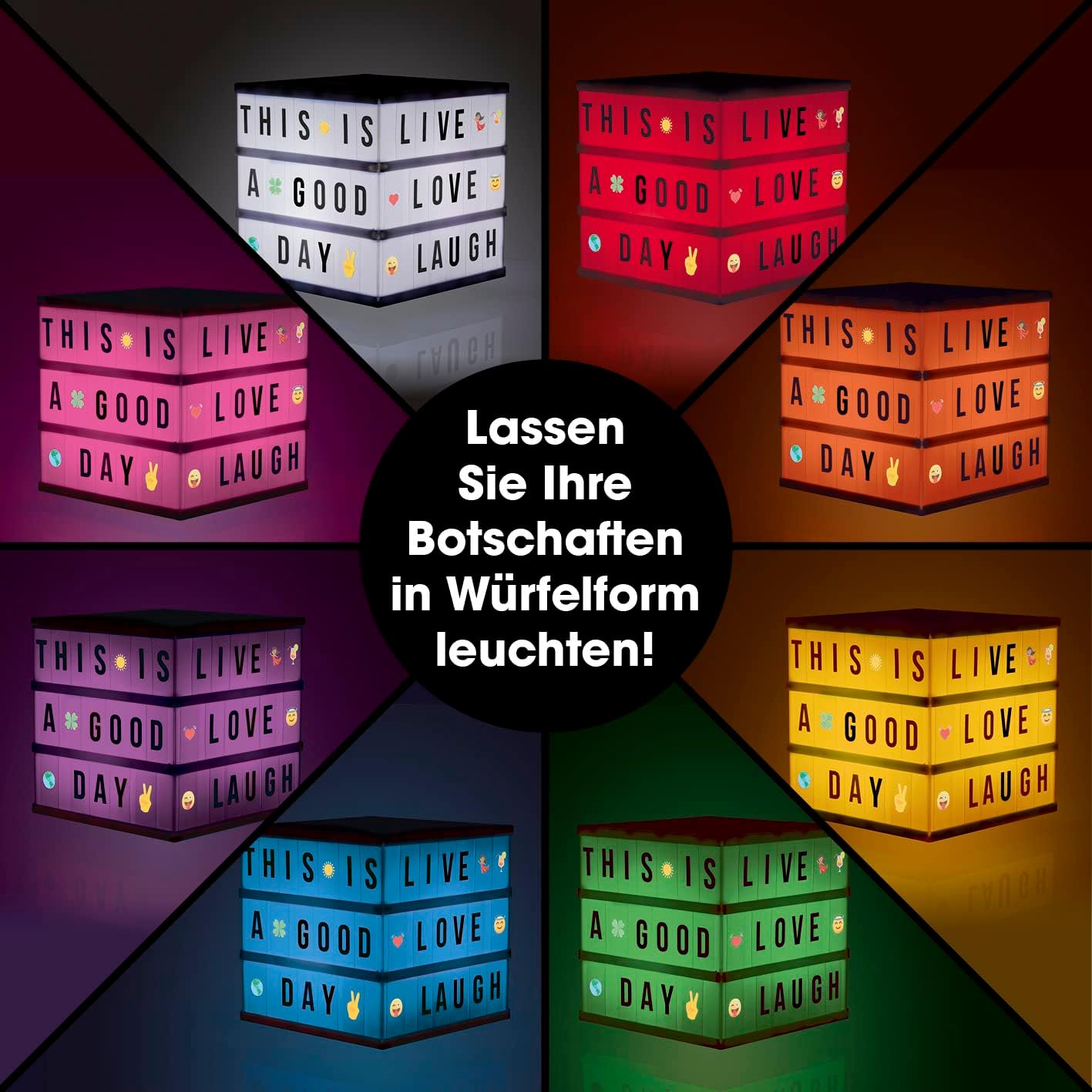 EASYmaxx LED-Leuchtkasten Light Box - Für individuelle Textbotschaften | Mega-Set mit 150 bunten Emojis und 173 austauschbaren Buchstaben, Zahlen und Symbolen [Würfel] — Ansicht 5